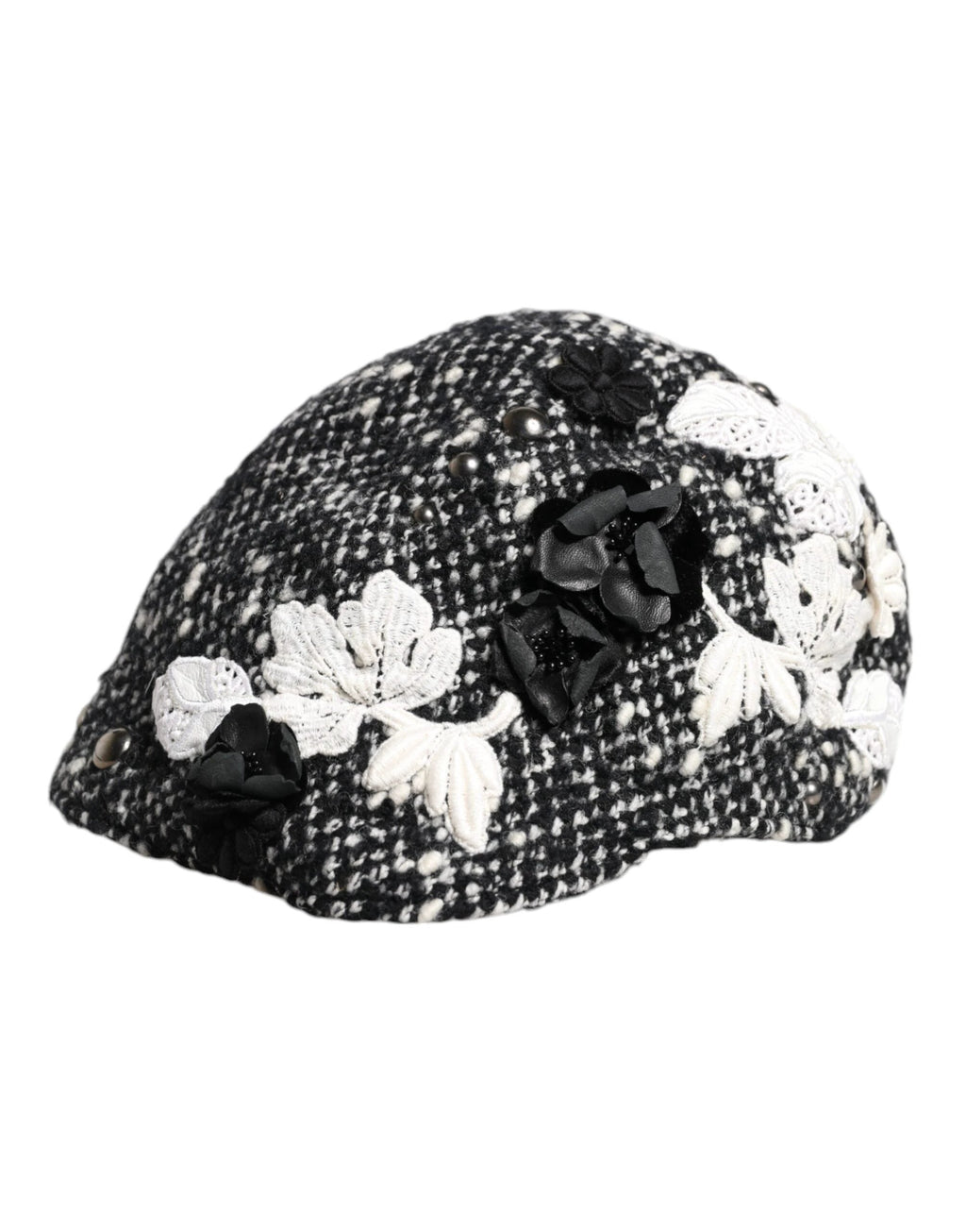 Dolce & Gabbana Black Wool White Floral Embellished Cloche Hat by Dolce & Gabbana
