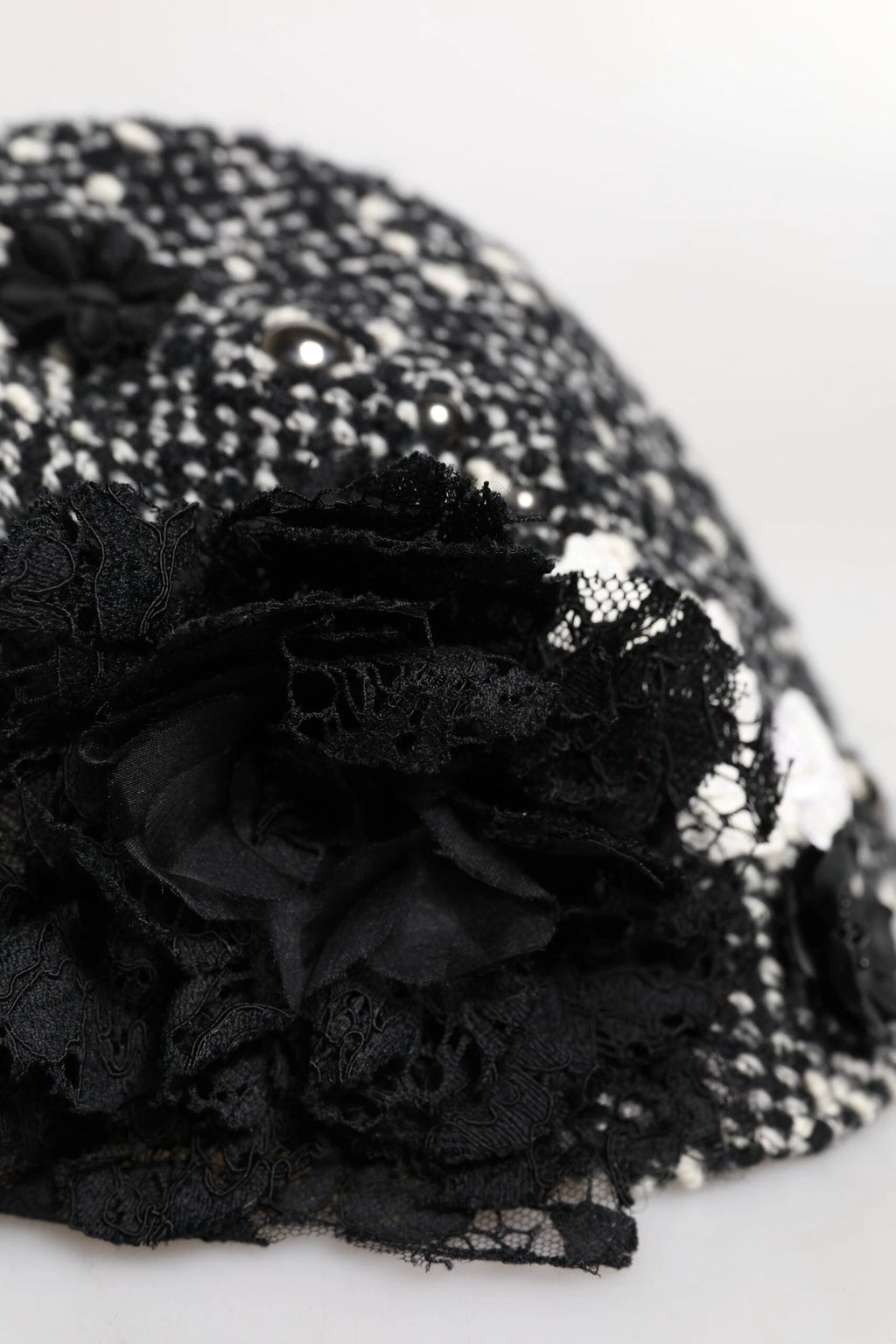 Dolce & Gabbana Black Wool White Floral Embellished Cloche Hat by Dolce & Gabbana