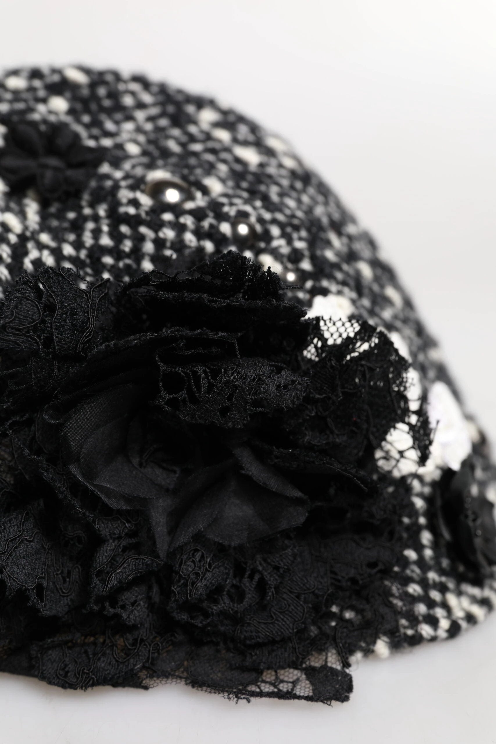 Dolce & Gabbana Black Wool White Floral Embellished Cloche Hat by Dolce & Gabbana