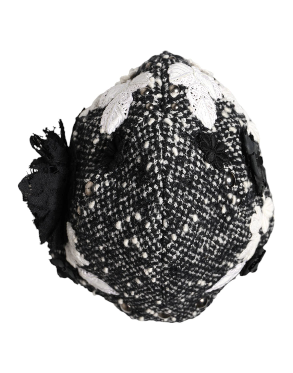Dolce & Gabbana Black Wool White Floral Embellished Cloche Hat by Dolce & Gabbana
