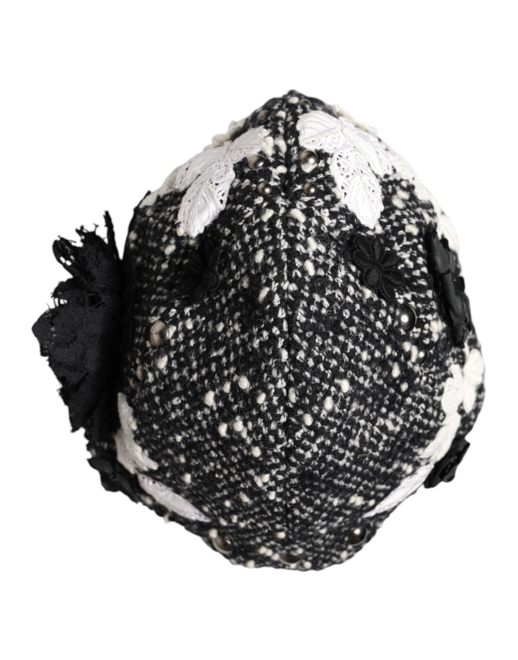 Dolce & Gabbana Black Wool White Floral Embellished Cloche Hat by Dolce & Gabbana