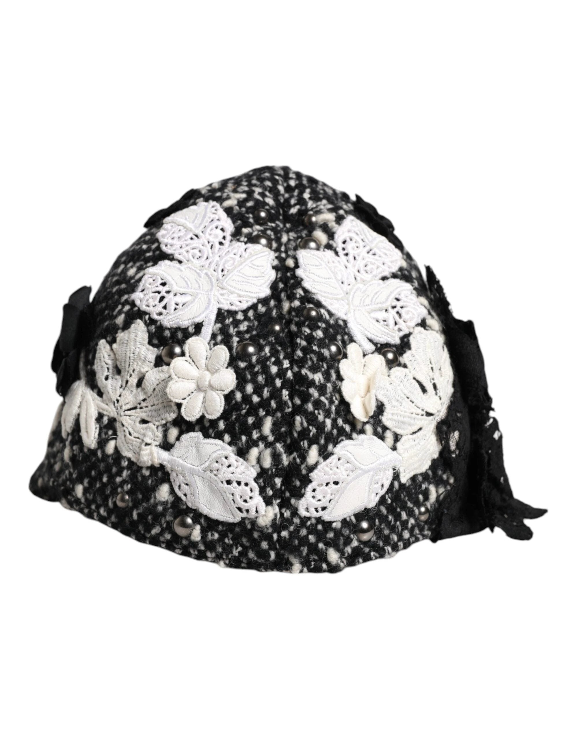 Dolce & Gabbana Black Wool White Floral Embellished Cloche Hat by Dolce & Gabbana