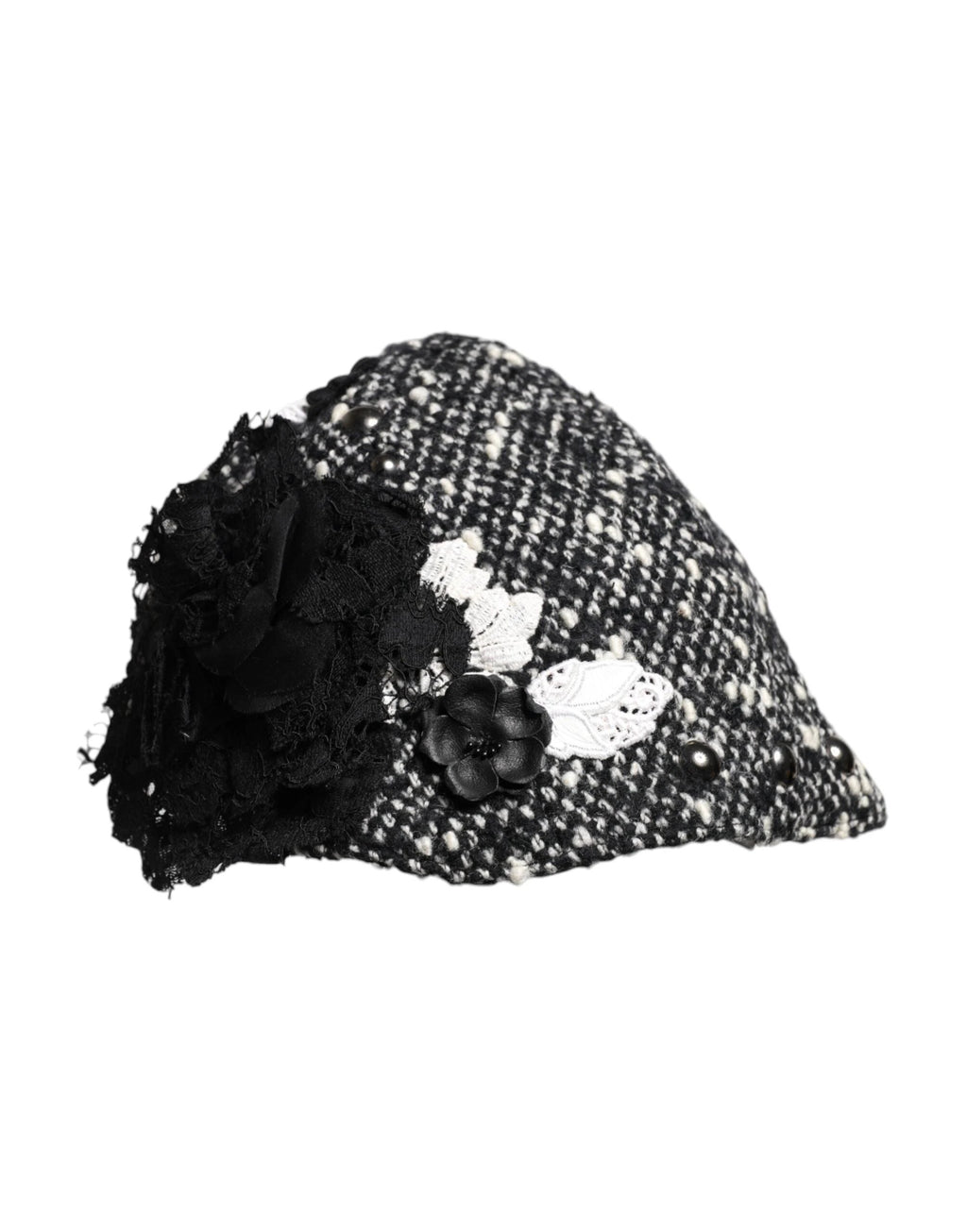 Dolce & Gabbana Black Wool White Floral Embellished Cloche Hat by Dolce & Gabbana