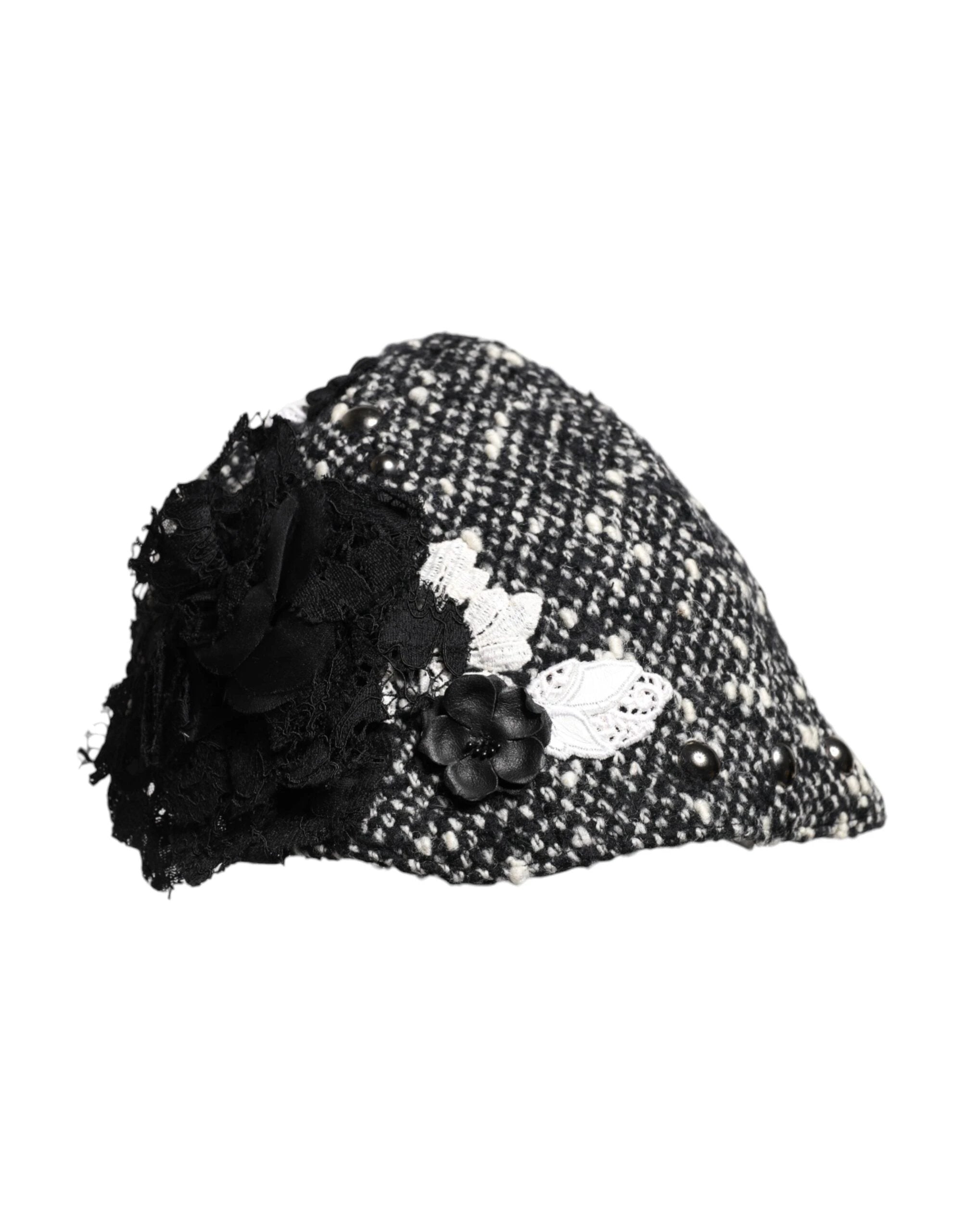 Dolce & Gabbana Black Wool White Floral Embellished Cloche Hat by Dolce & Gabbana