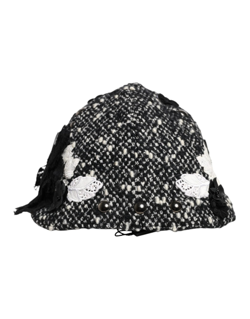 Dolce & Gabbana Black Wool White Floral Embellished Cloche Hat by Dolce & Gabbana