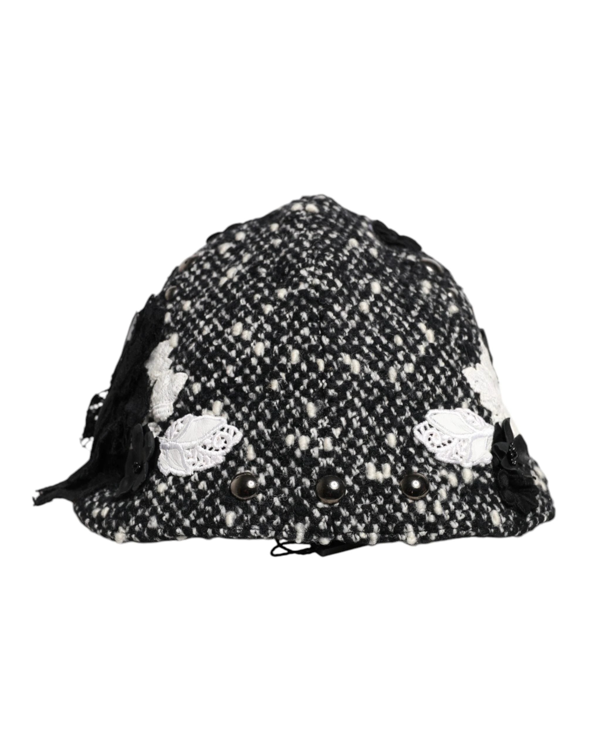Dolce & Gabbana Black Wool White Floral Embellished Cloche Hat by Dolce & Gabbana
