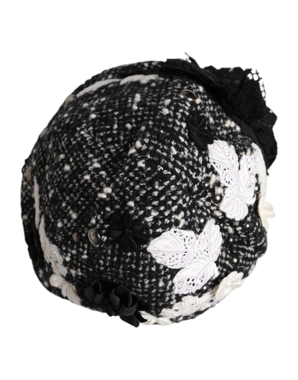 Dolce & Gabbana Black Wool White Floral Embellished Cloche Hat by Dolce & Gabbana