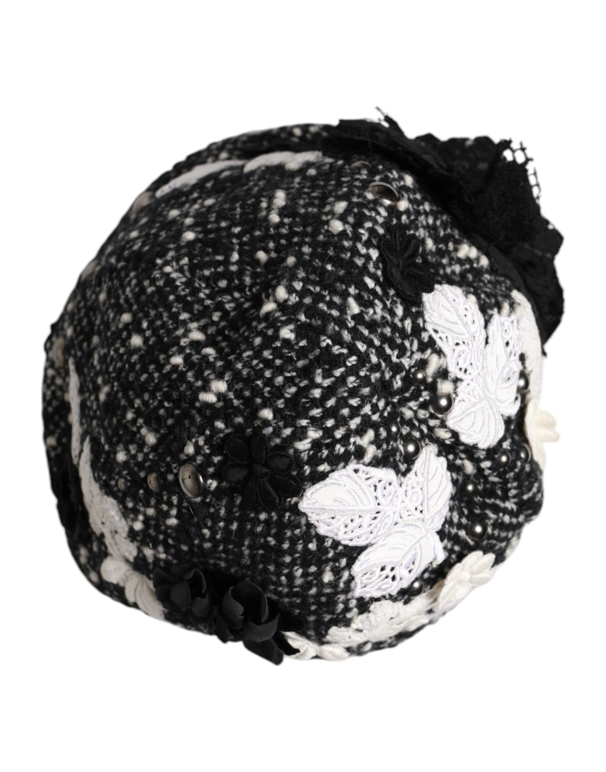 Dolce & Gabbana Black Wool White Floral Embellished Cloche Hat by Dolce & Gabbana