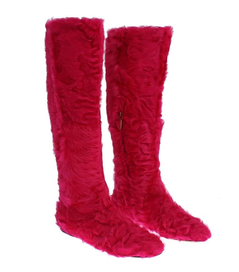 Dolce & Gabbana Pink Lamb Fur Leather Flat Boots by Dolce & Gabbana
