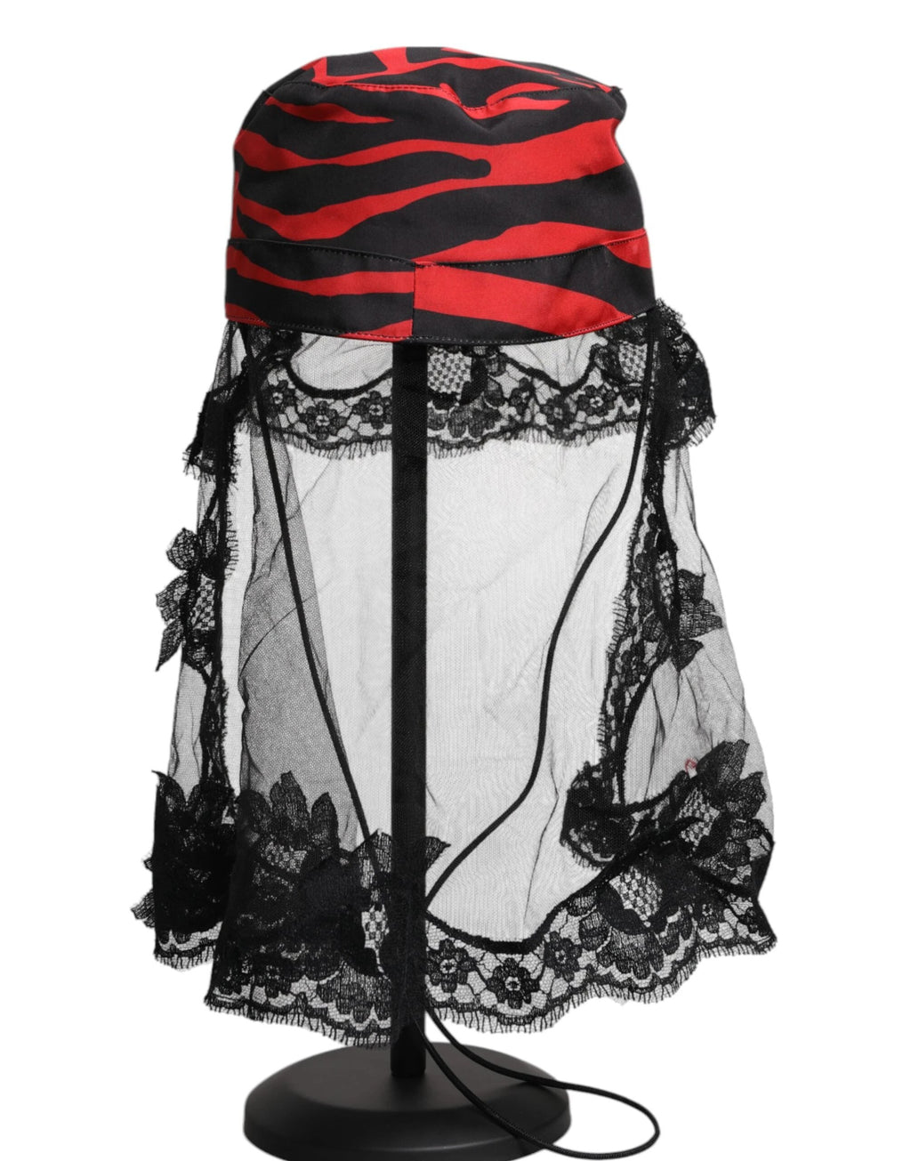 Dolce & Gabbana Black Red Stripes Lace Tulle Bucket Hat by Dolce & Gabbana