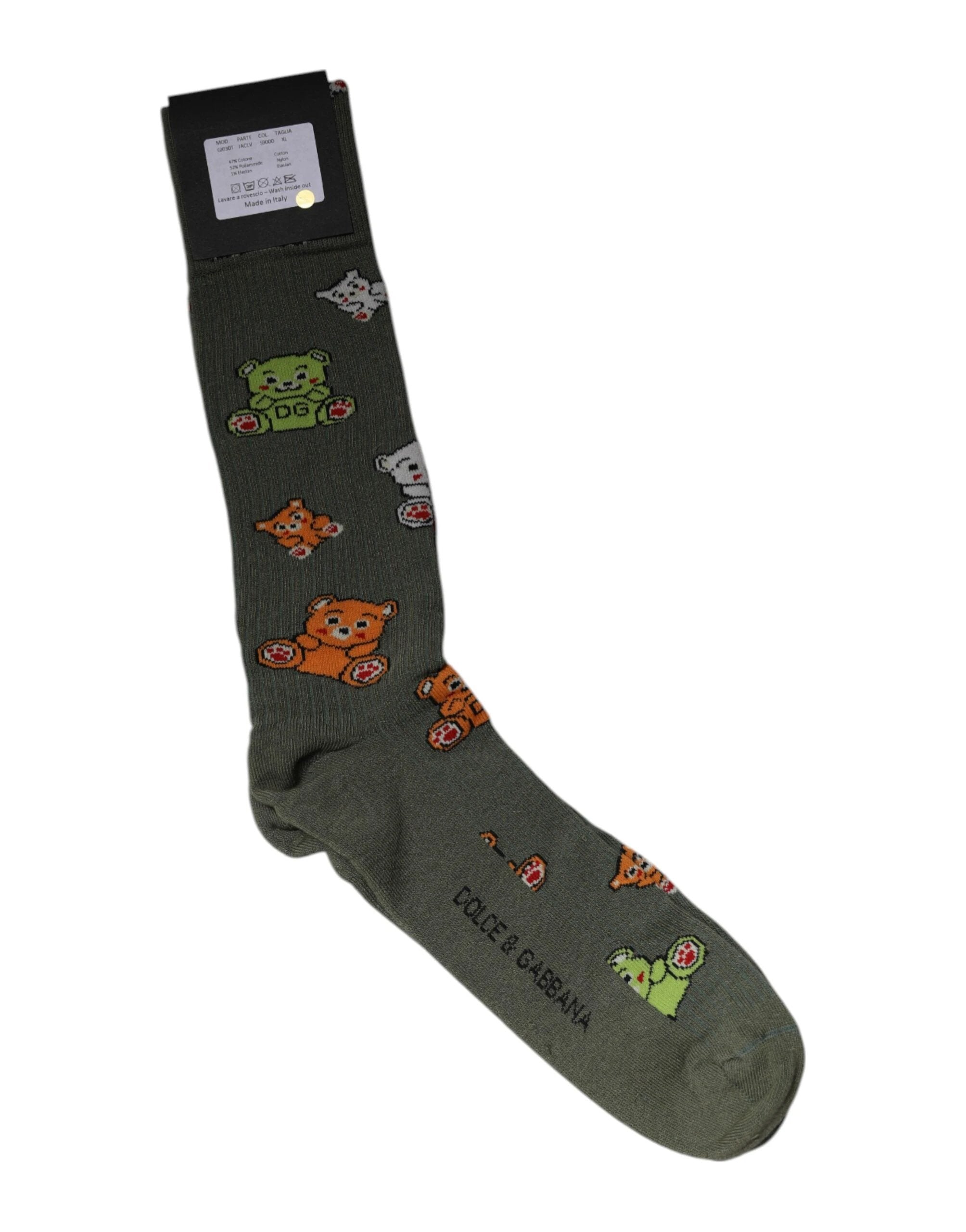 Dolce & Gabbana Green Nylon DG Bear Printed Mid Calf Socks by Dolce & Gabbana