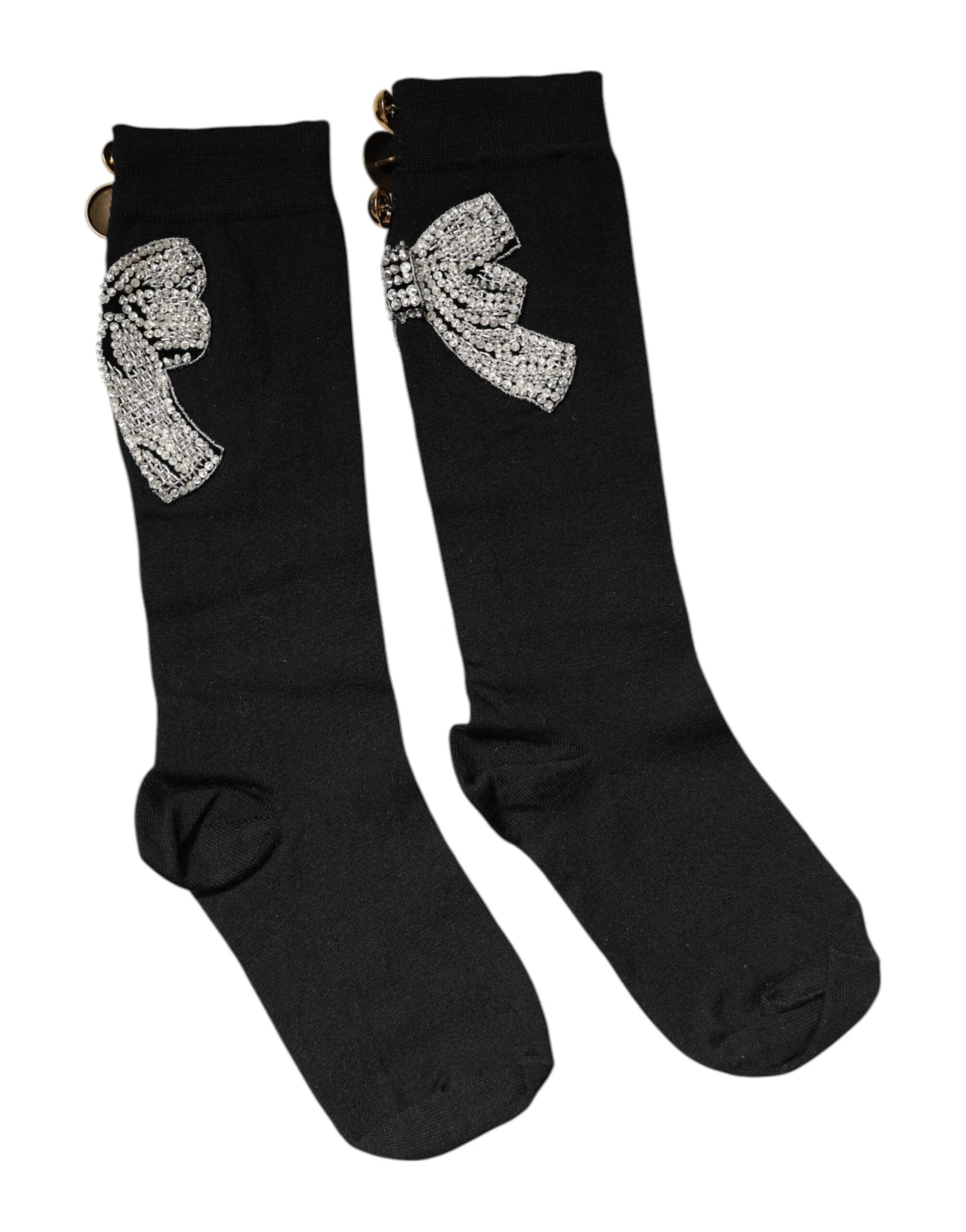 Dolce & Gabbana Black Knit Floral Crystal Embellishment Socks by Dolce & Gabbana
