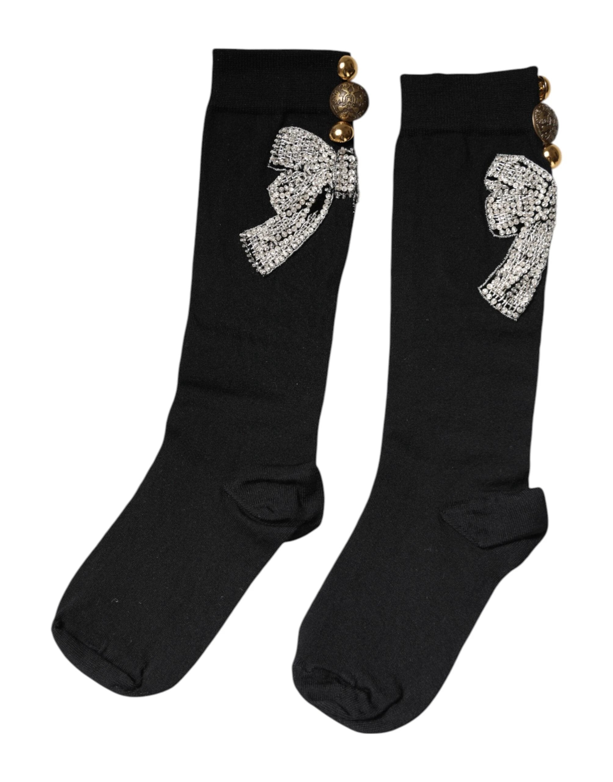 Dolce & Gabbana Black Knit Floral Crystal Embellishment Socks by Dolce & Gabbana