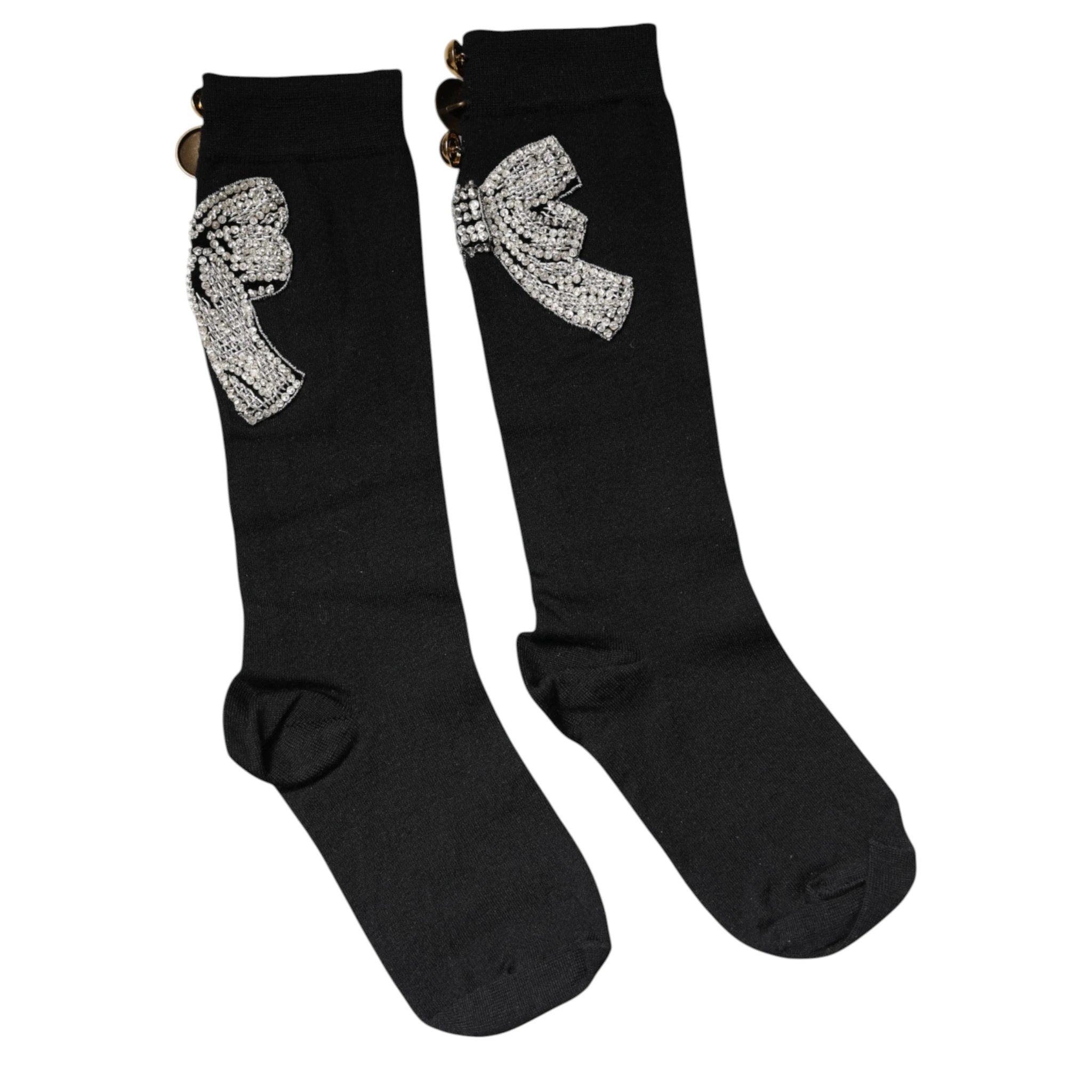 Dolce & Gabbana Black Knit Floral Crystal Embellishment Socks by Dolce & Gabbana