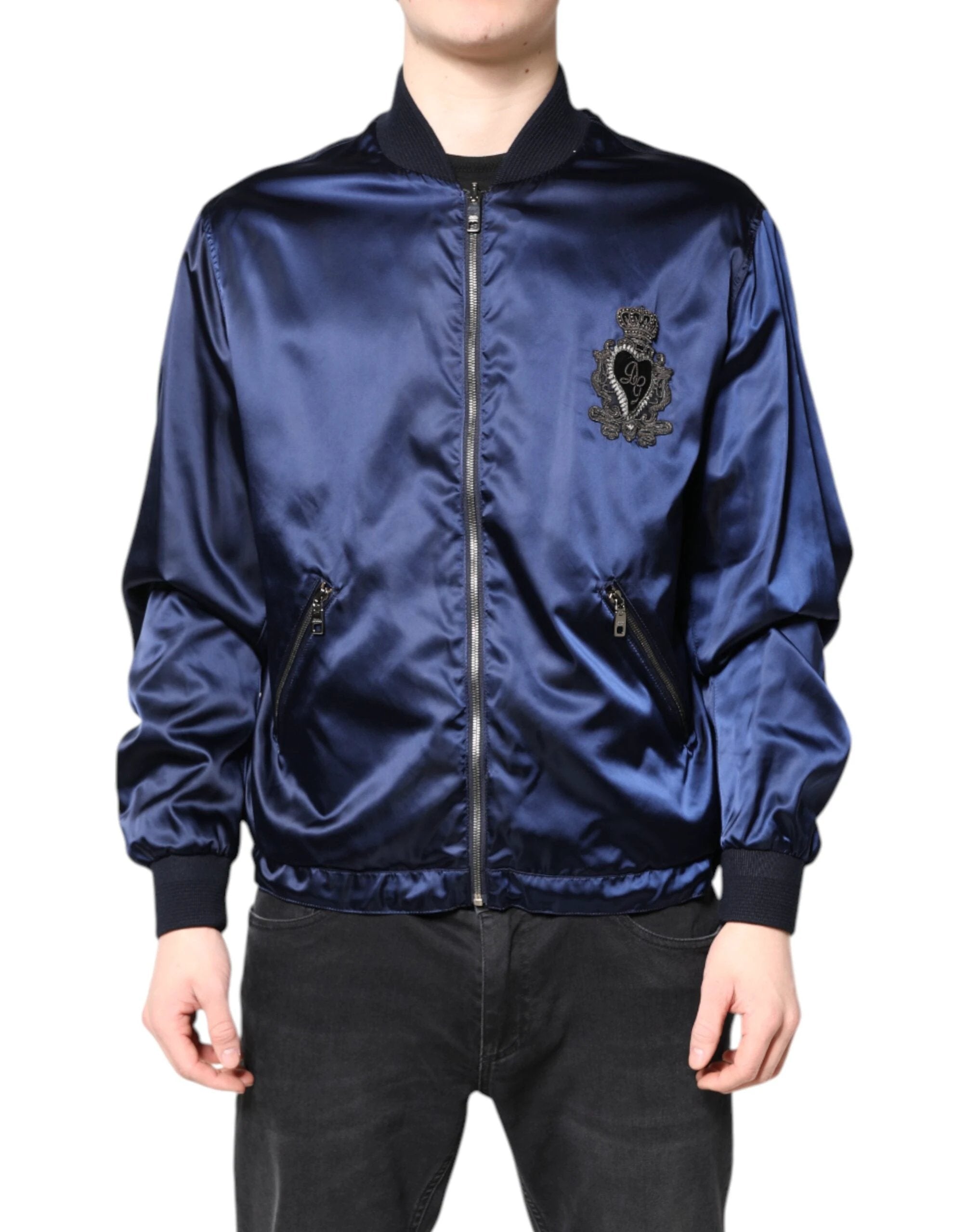 Dolce & Gabbana Blue Nylon DG Crown Full Zip Bomber Jacket by Dolce & Gabbana