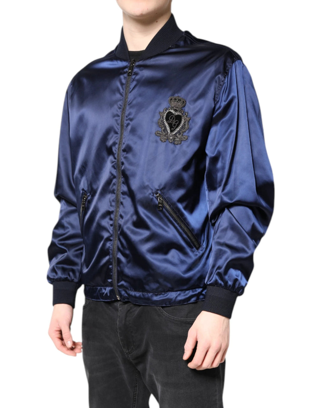 Dolce & Gabbana Blue Nylon DG Crown Full Zip Bomber Jacket by Dolce & Gabbana