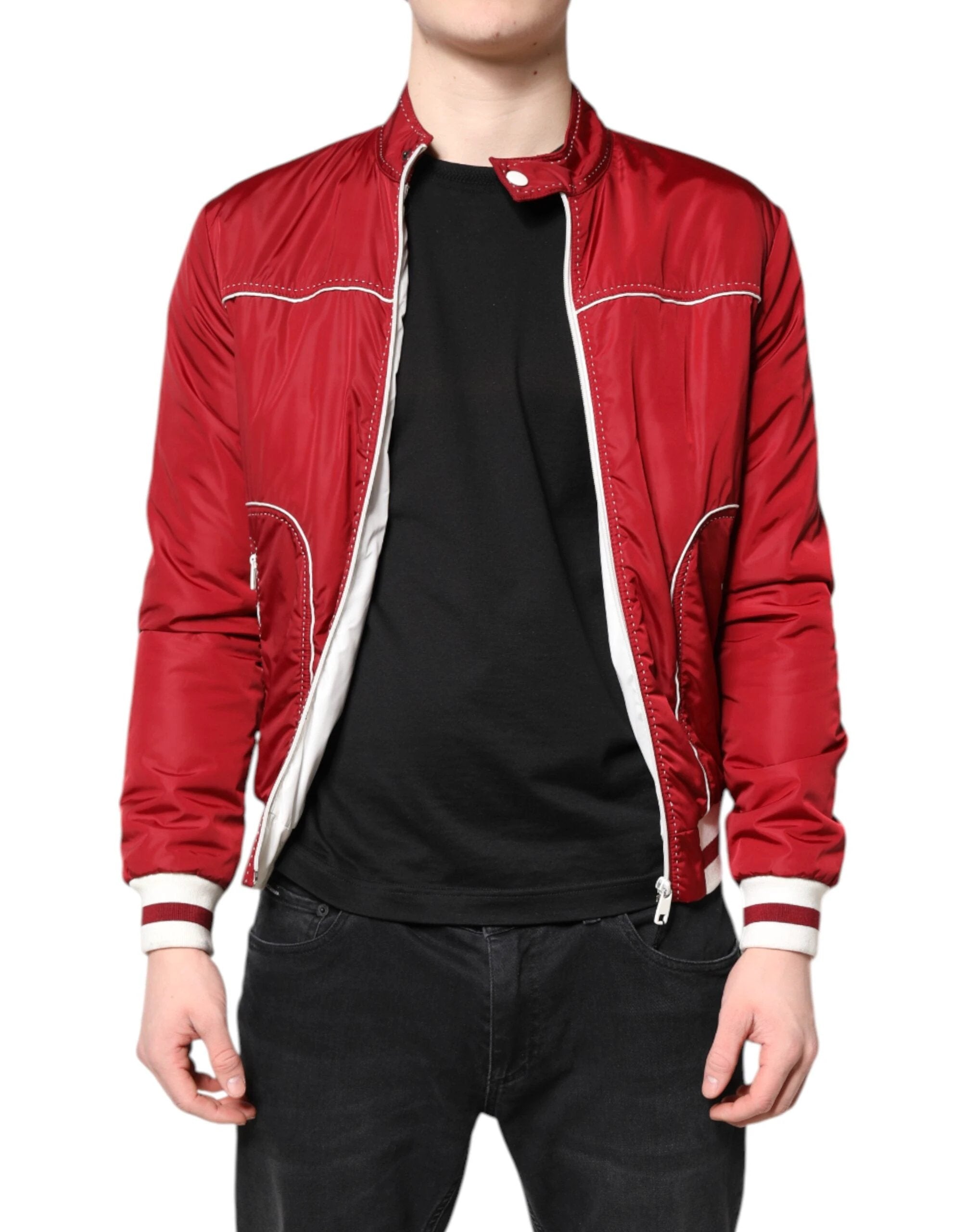 Dolce & Gabbana Red White Nylon Full Zip Men Bomber Jacket by Dolce & Gabbana
