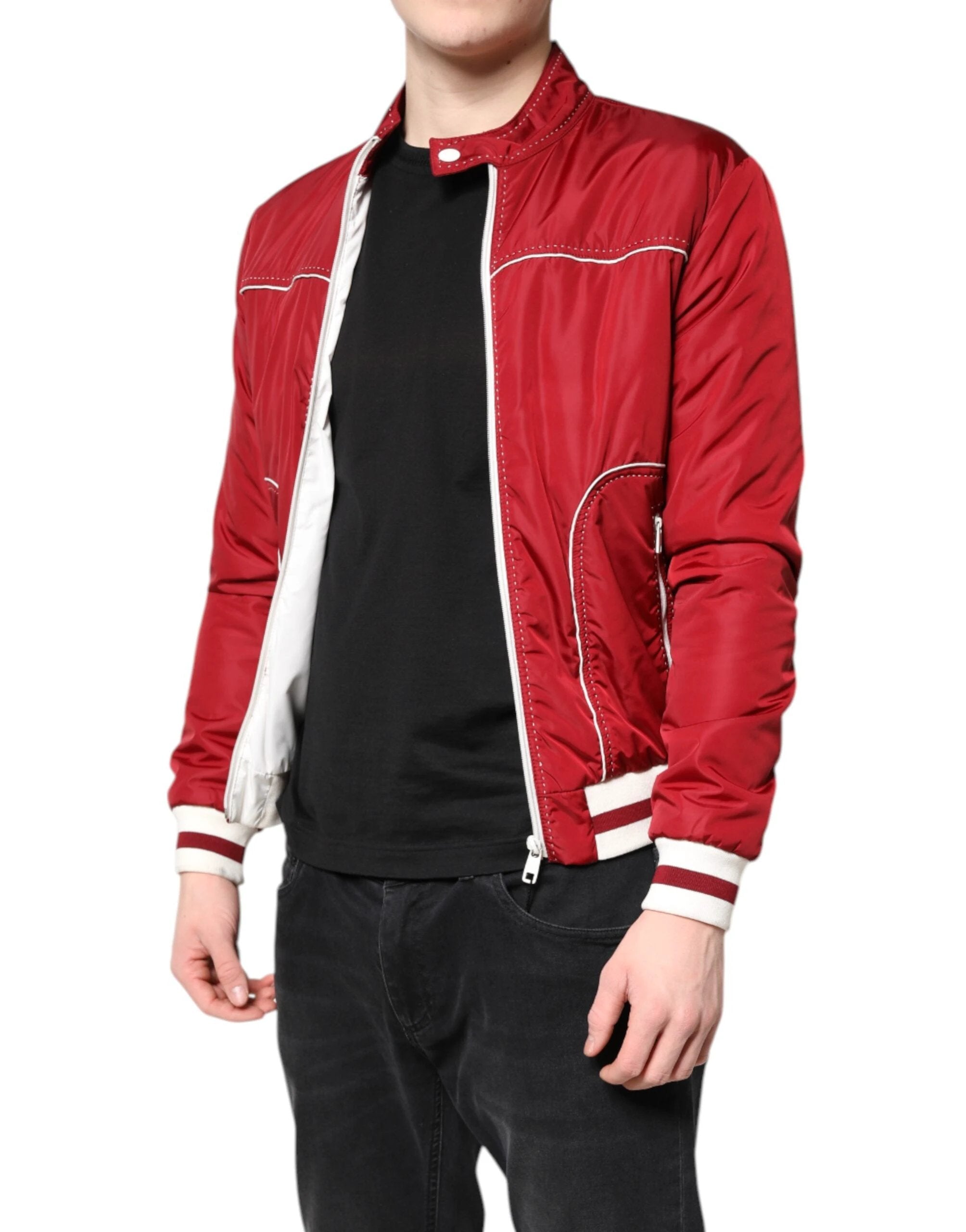 Dolce & Gabbana Red White Nylon Full Zip Men Bomber Jacket by Dolce & Gabbana