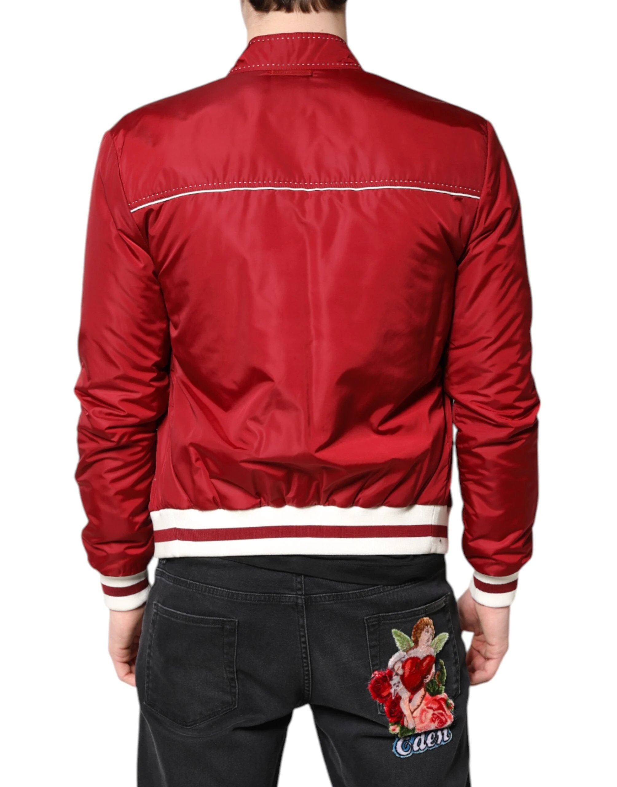 Dolce & Gabbana Red White Nylon Full Zip Men Bomber Jacket by Dolce & Gabbana