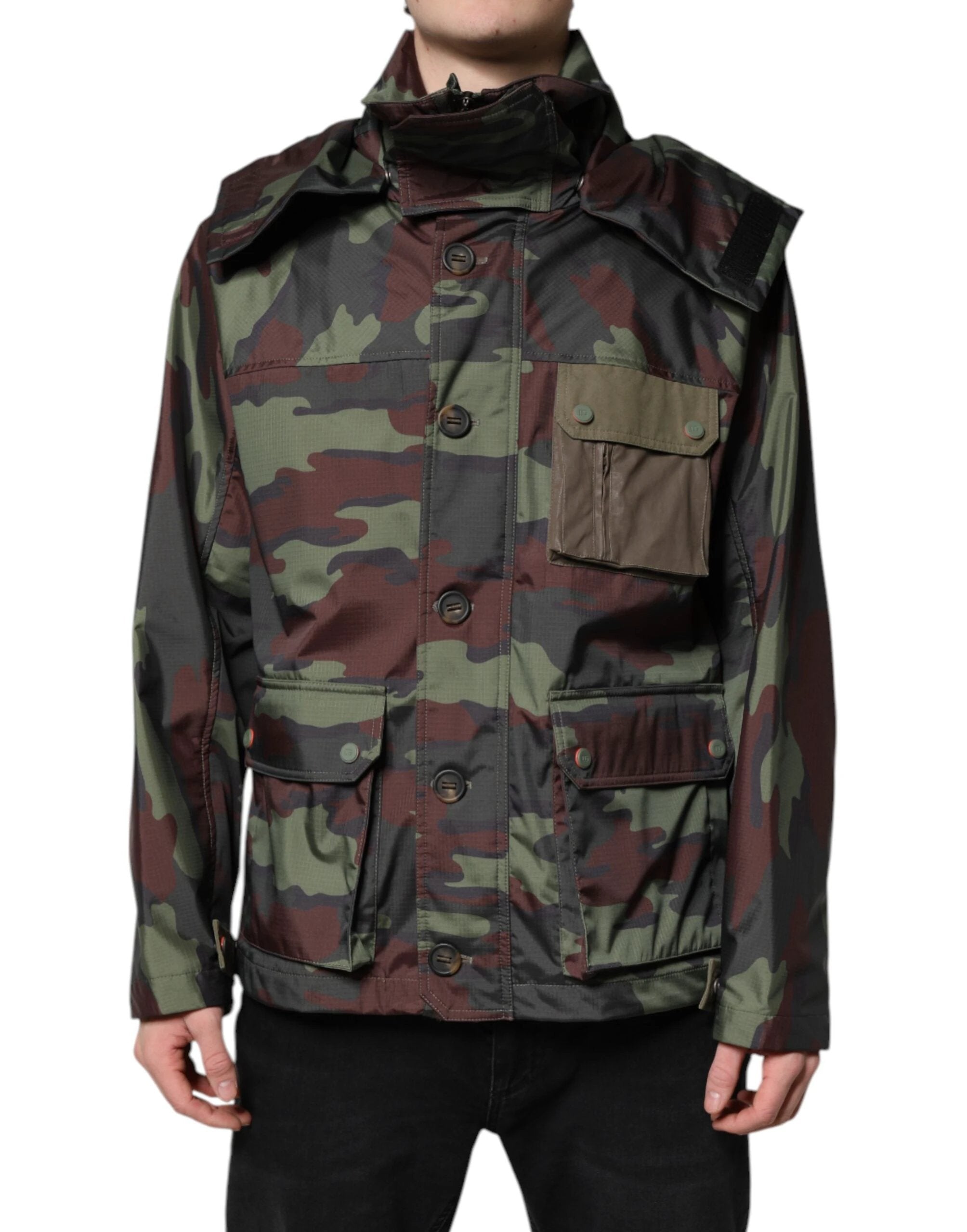 Dolce & Gabbana Multicolor Camouflage Button Hooded Jacket by Dolce & Gabbana