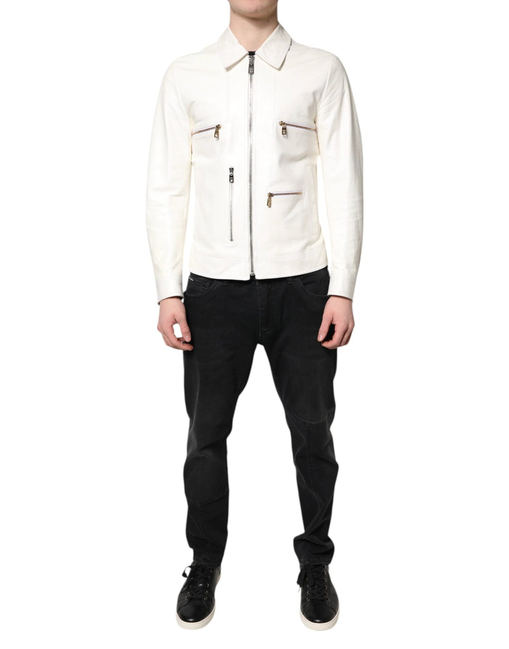 Dolce & Gabbana White Collared Full Zip Biker Coat Jacket by Dolce & Gabbana