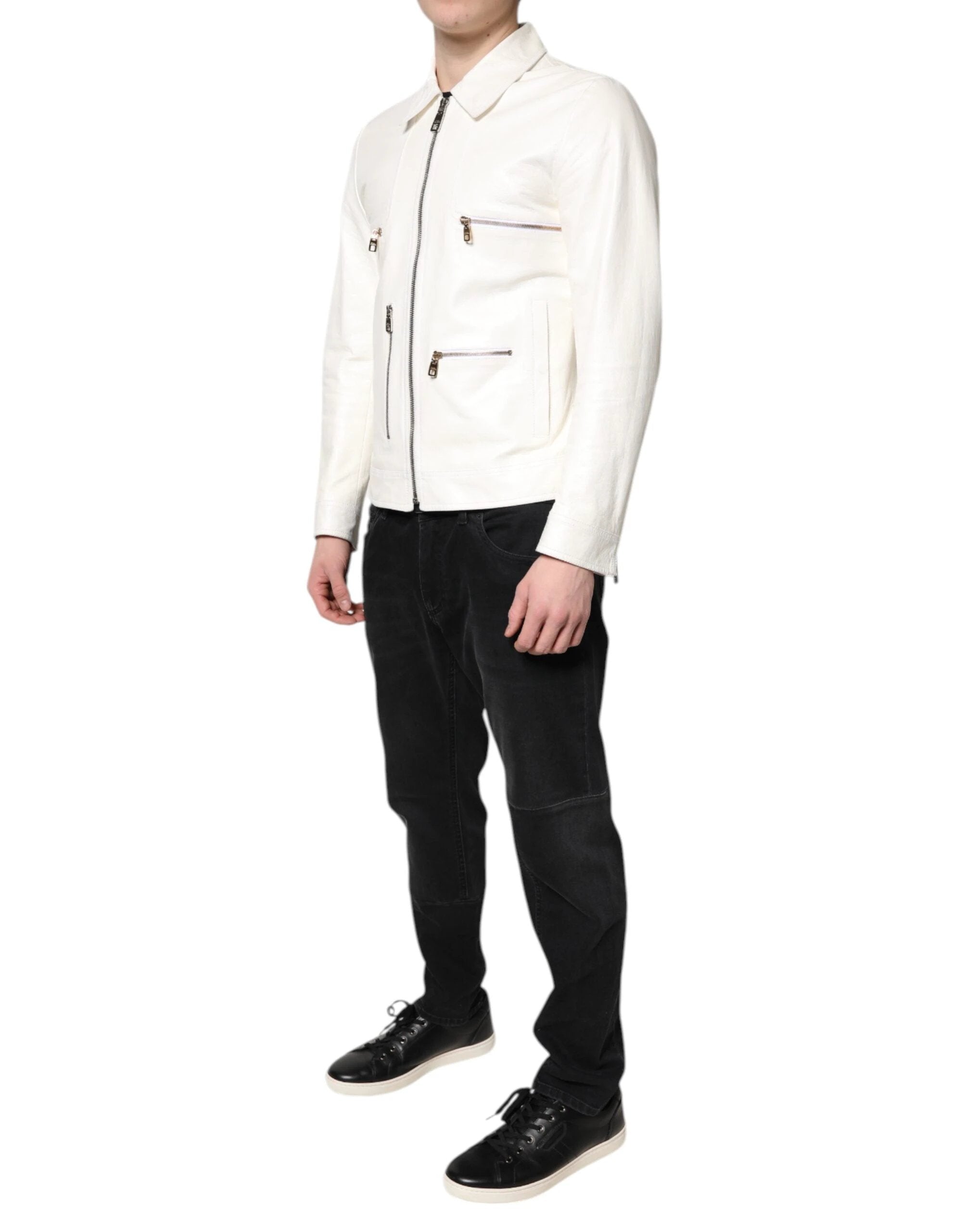 Dolce & Gabbana White Collared Full Zip Biker Coat Jacket by Dolce & Gabbana