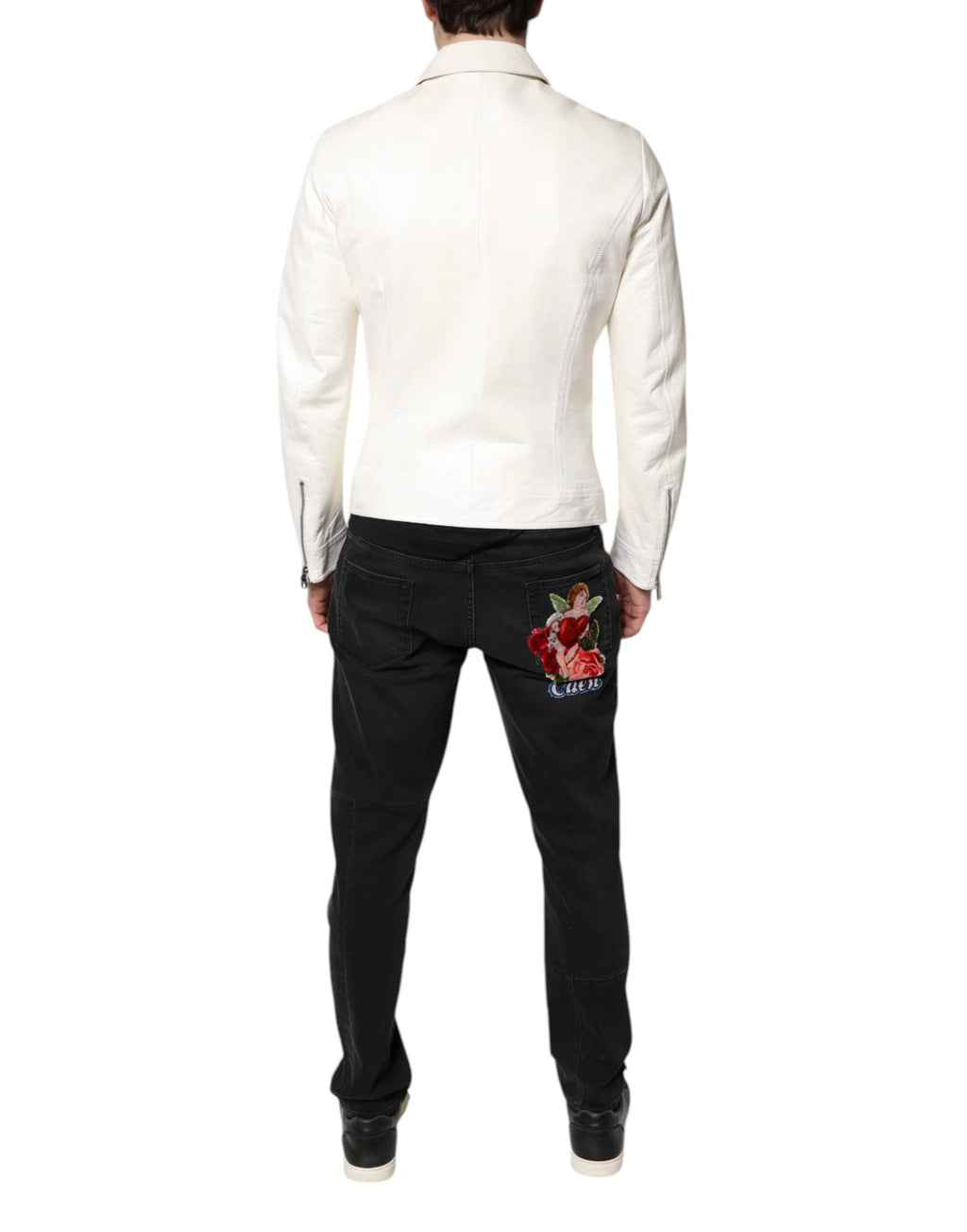 Dolce & Gabbana White Collared Full Zip Biker Coat Jacket by Dolce & Gabbana