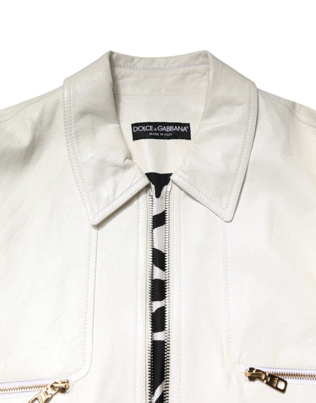 Dolce & Gabbana White Collared Full Zip Biker Coat Jacket by Dolce & Gabbana