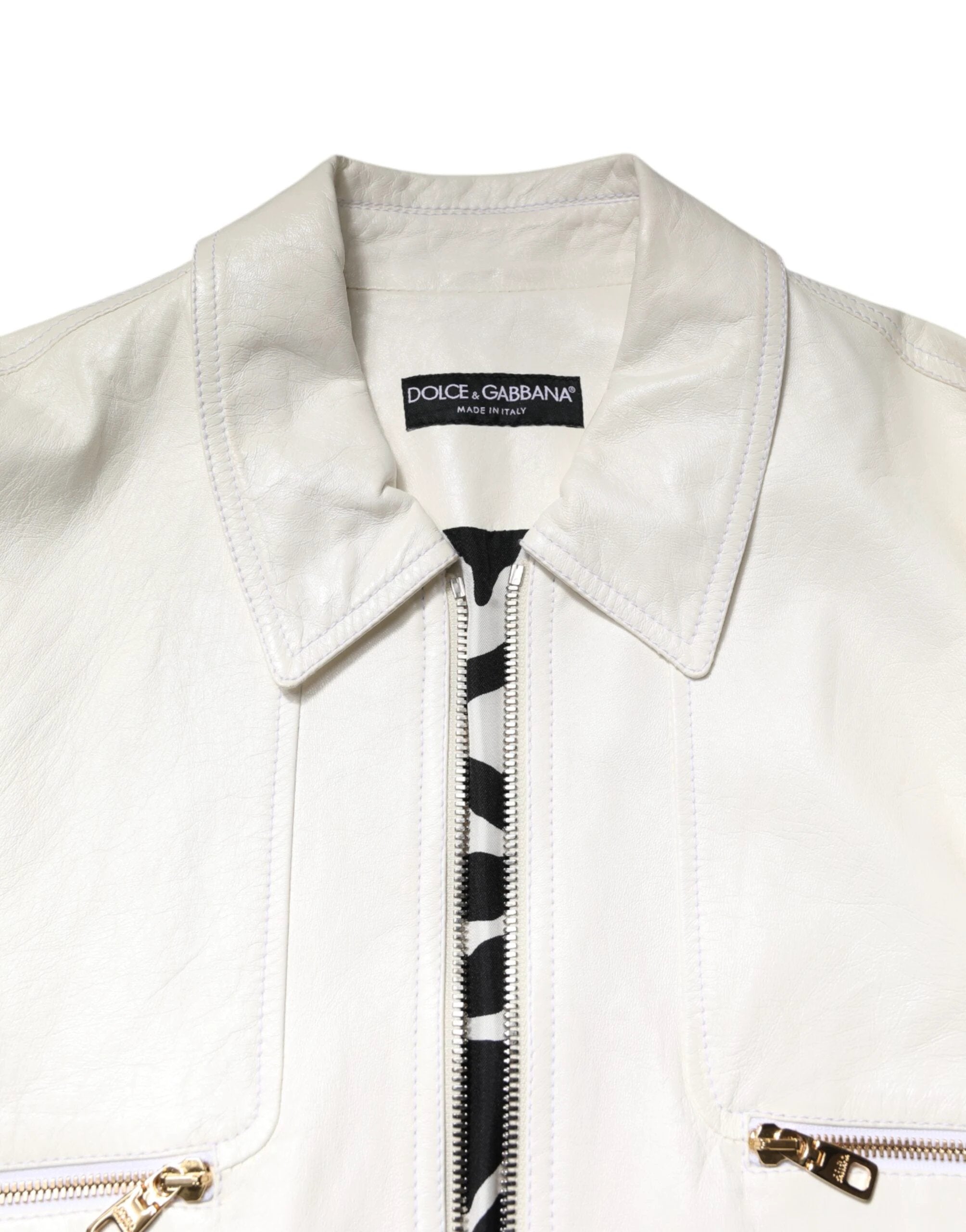 Dolce & Gabbana White Collared Full Zip Biker Coat Jacket by Dolce & Gabbana