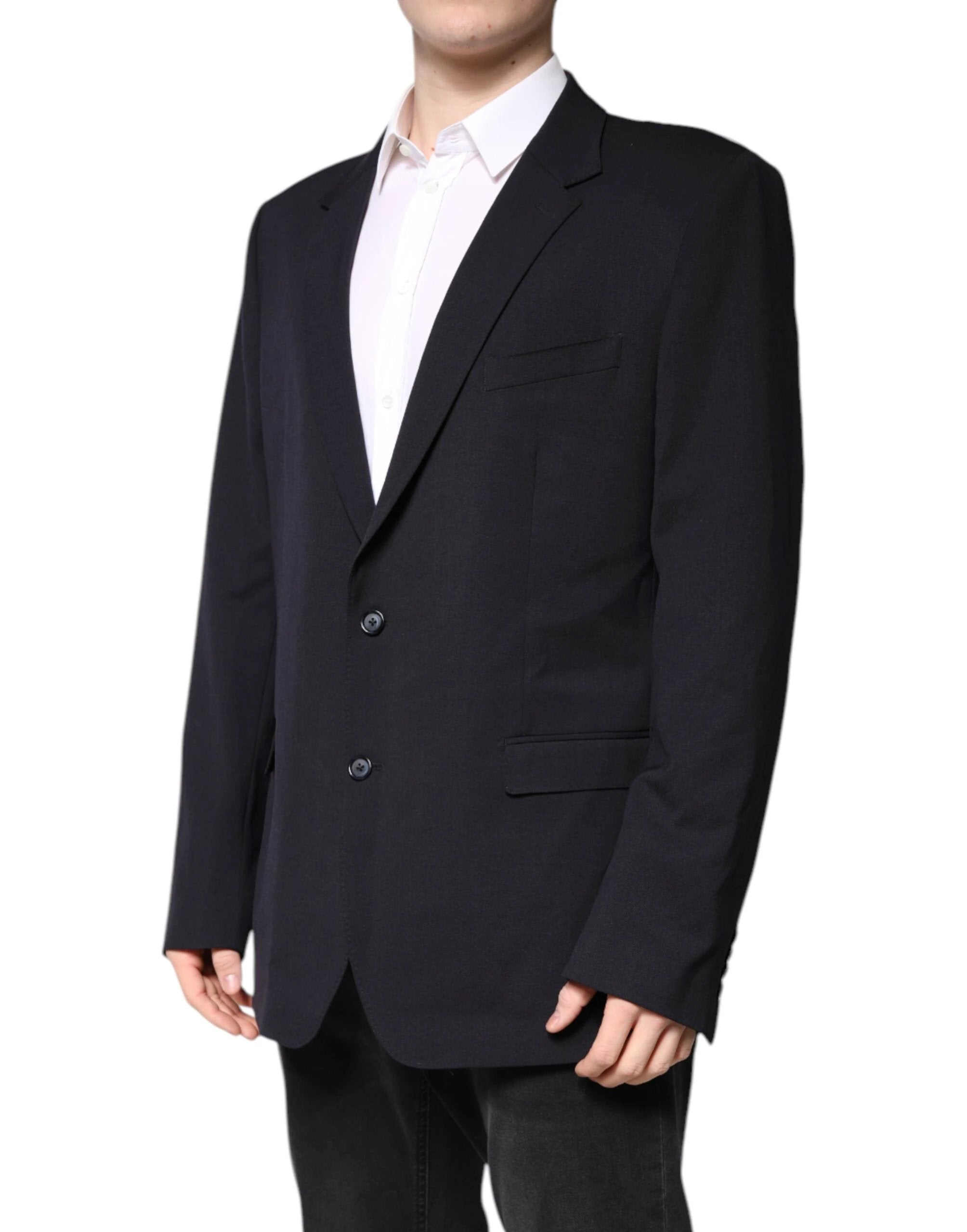 Dolce & Gabbana Dark Blue Wool Single Breasted Coat Blazer by Dolce & Gabbana