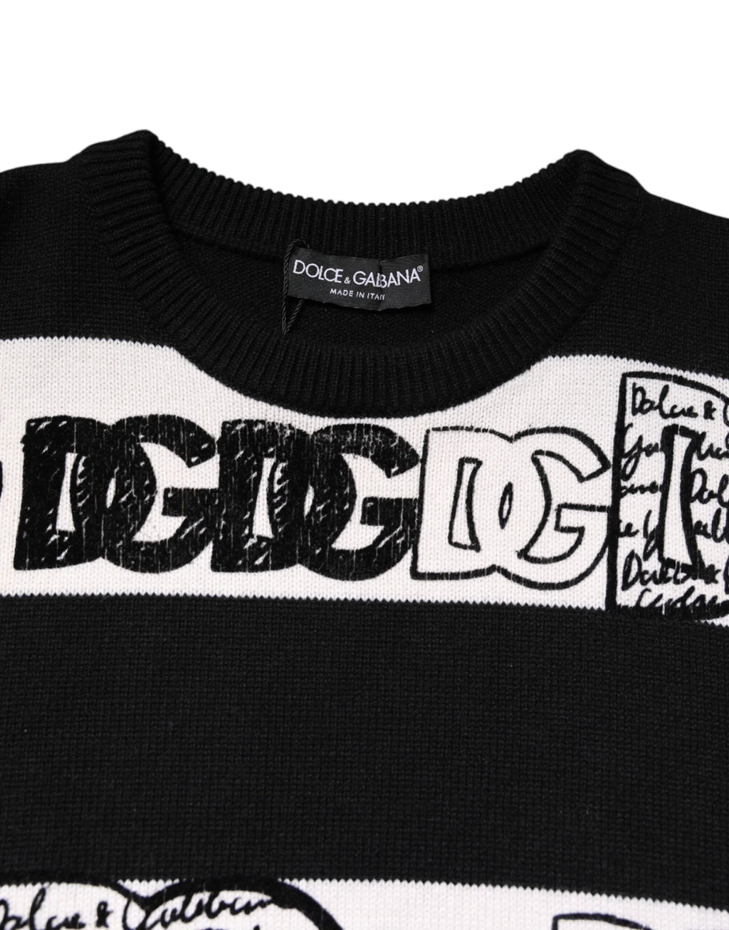 Dolce & Gabbana Black White Logo Print Wool Pullover Sweater by Dolce & Gabbana