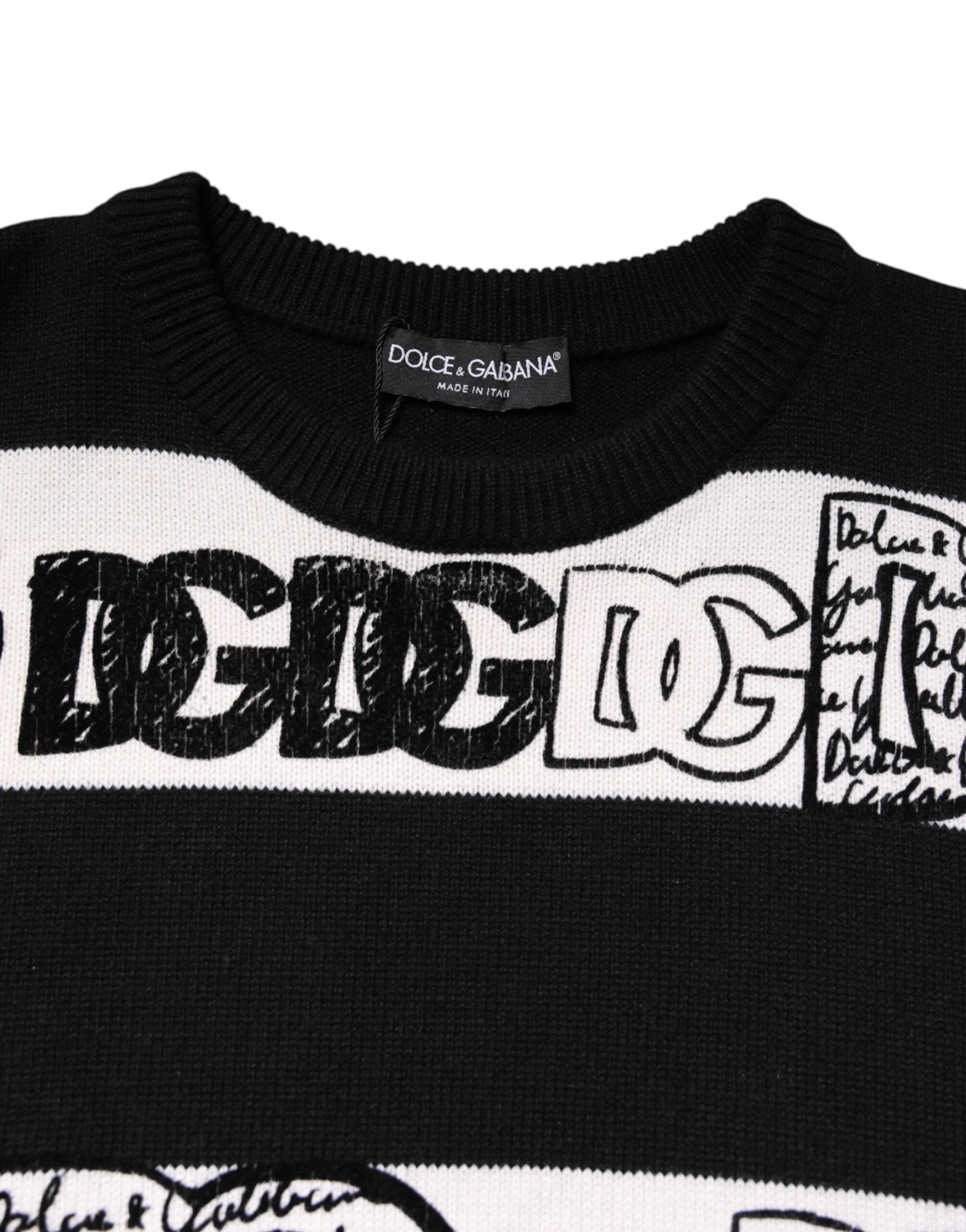 Dolce & Gabbana Black White Logo Print Wool Pullover Sweater by Dolce & Gabbana