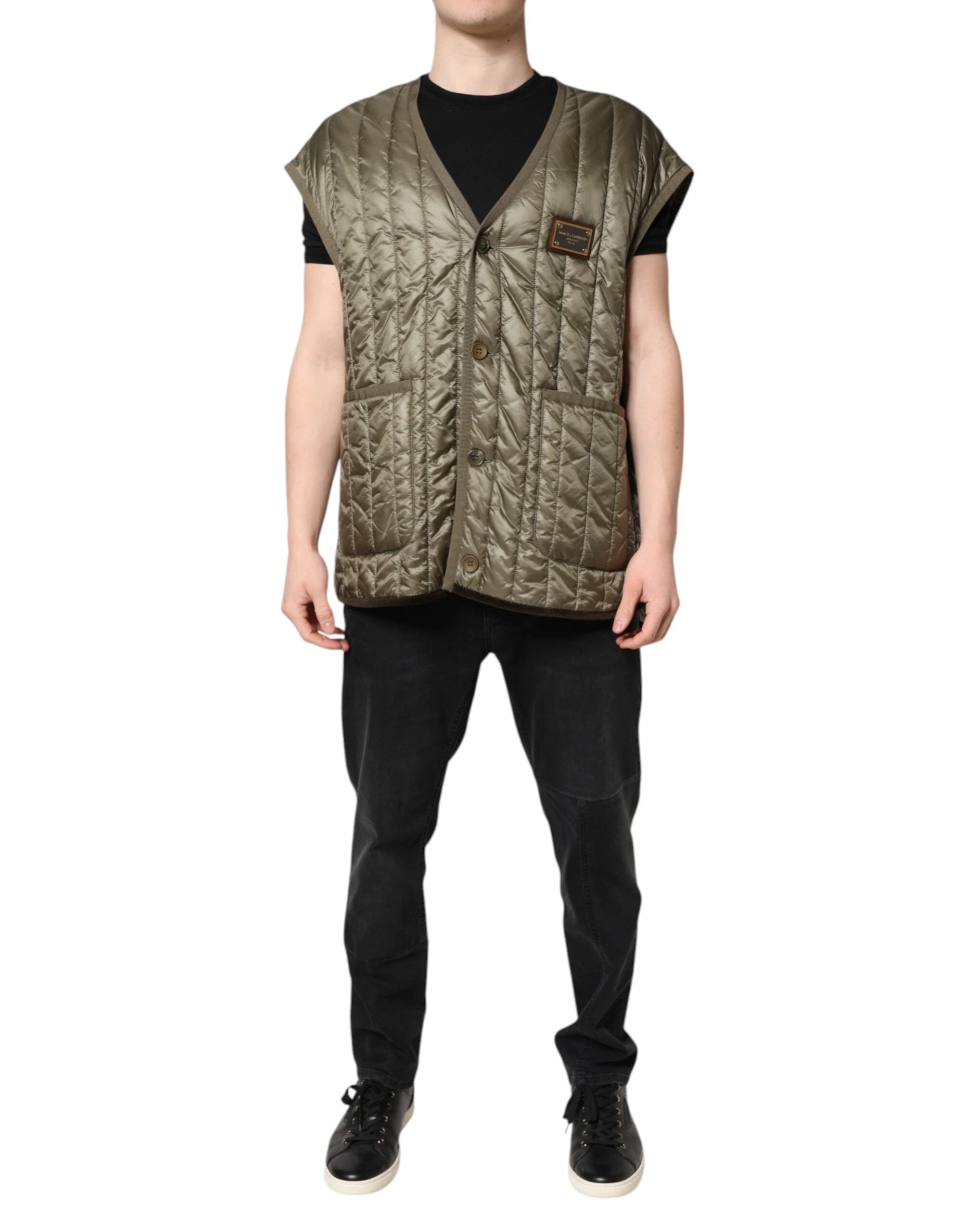 Dolce & Gabbana Brown Logo Plaque Quilted Vest Jacket by Dolce & Gabbana