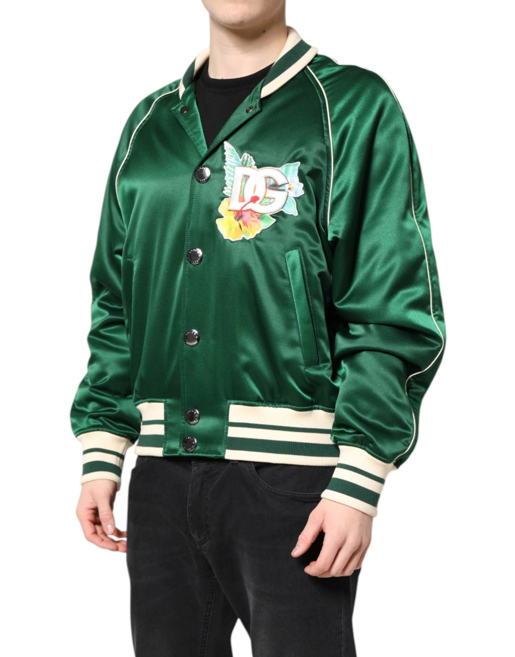 Dolce & Gabbana Green Floral DG Logo Full Zip Bomber Jacket by Dolce & Gabbana