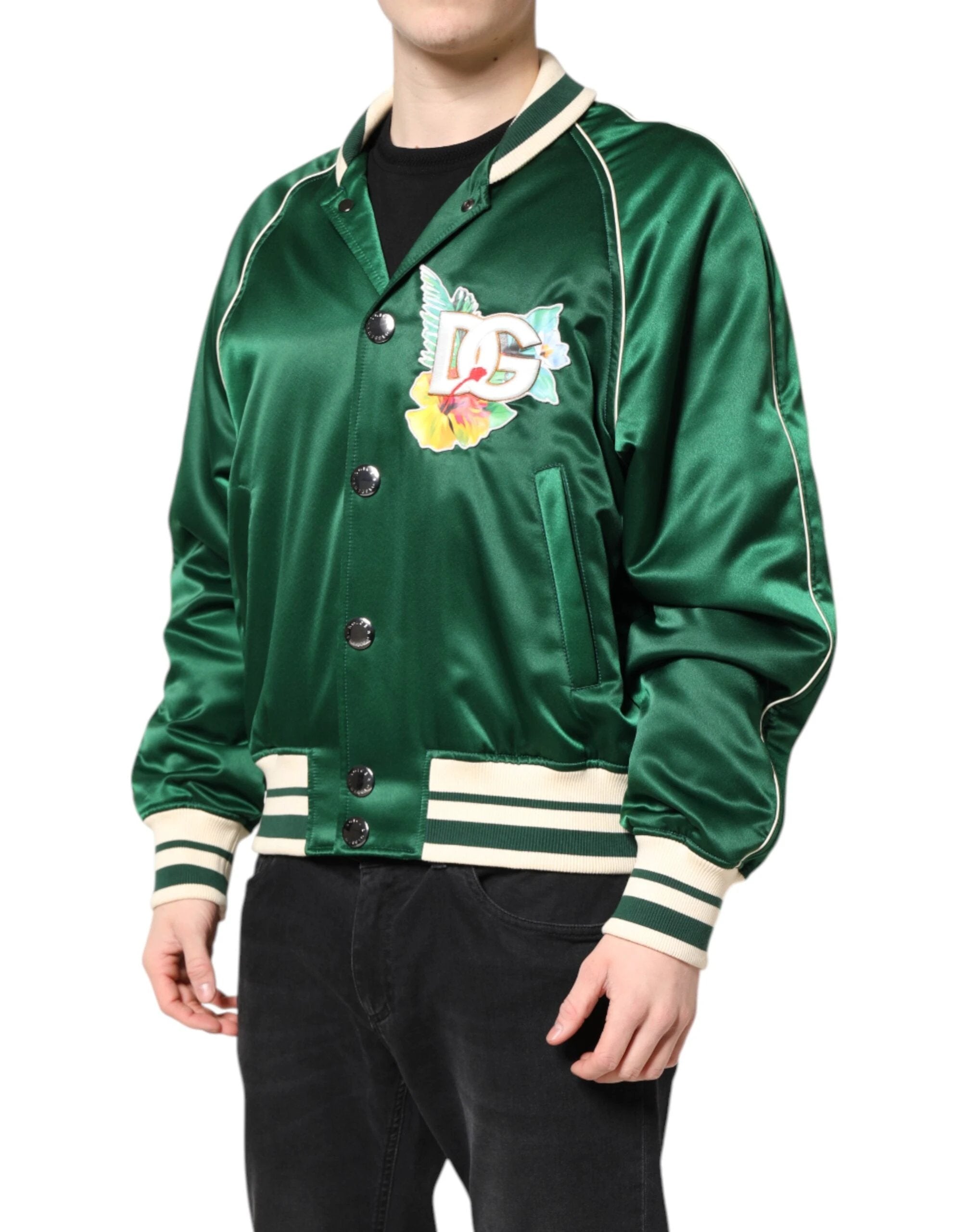 Dolce & Gabbana Green Floral DG Logo Full Zip Bomber Jacket by Dolce & Gabbana