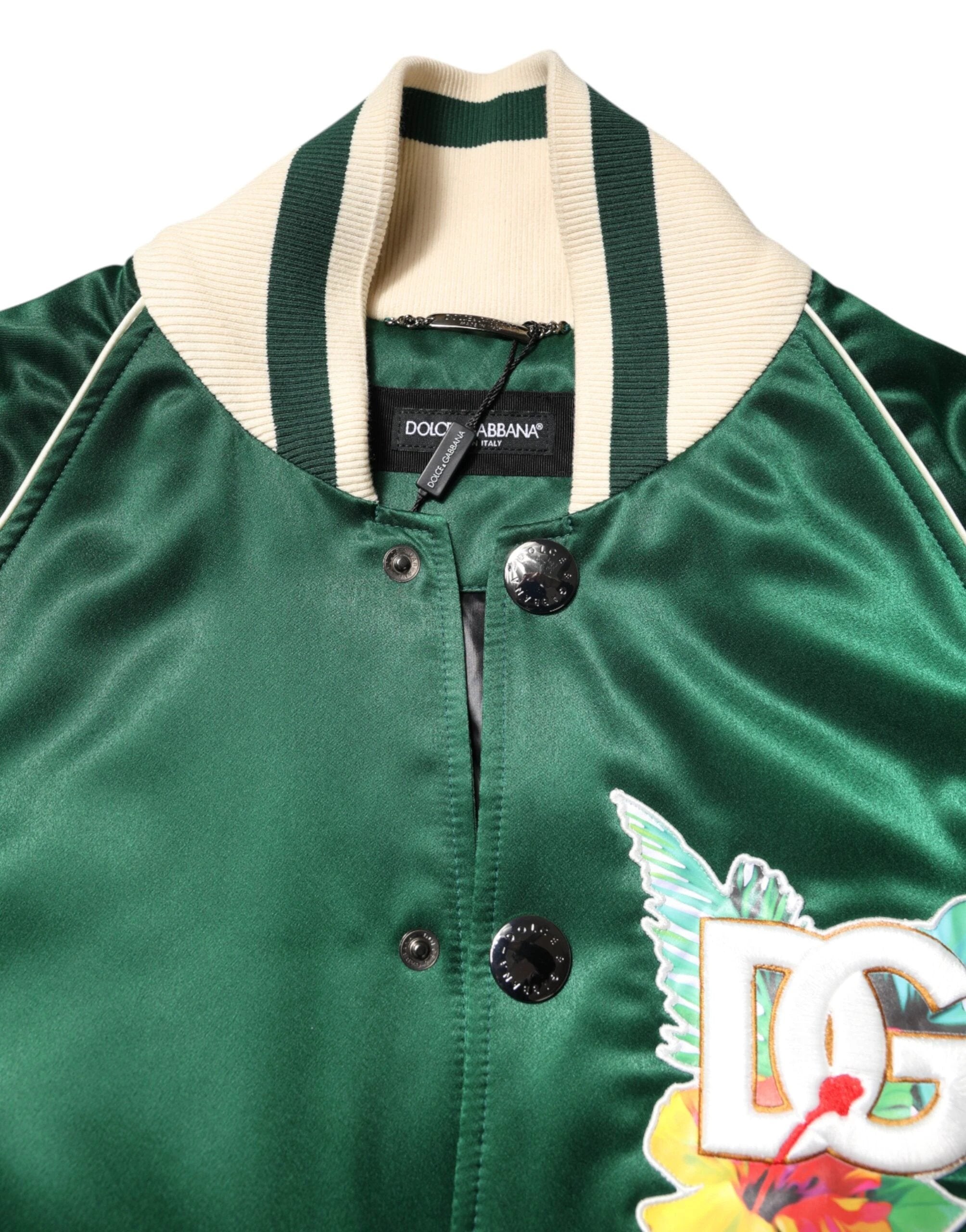 Dolce & Gabbana Green Floral DG Logo Full Zip Bomber Jacket by Dolce & Gabbana