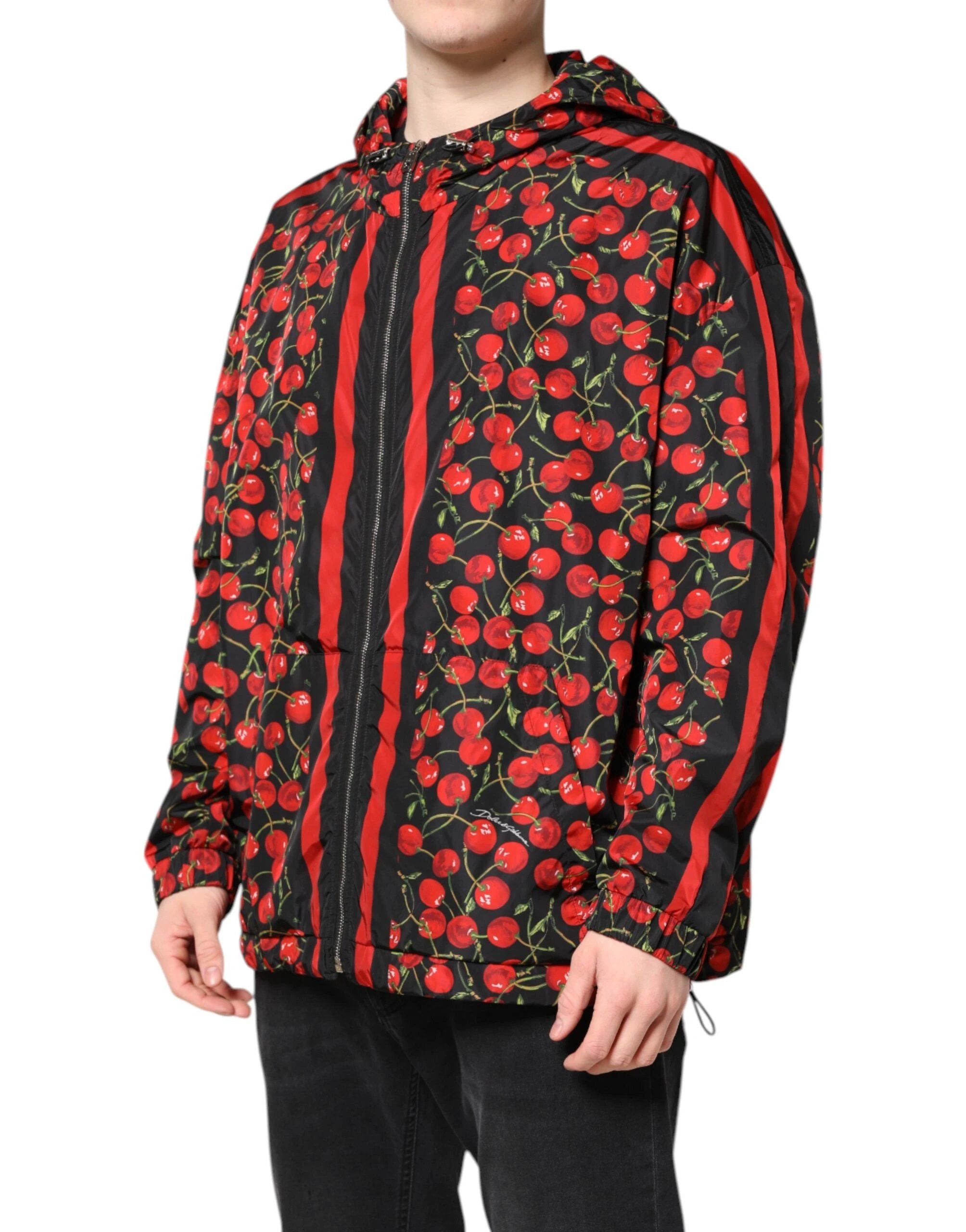 Dolce & Gabbana Black Cherry Print Hooded Windbreaker Jacket by Dolce & Gabbana