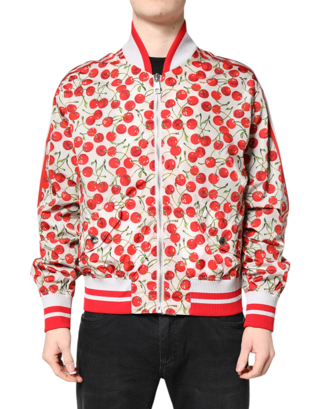 Dolce & Gabbana White Cherry Print Full Zip Bomber Jacket by Dolce & Gabbana
