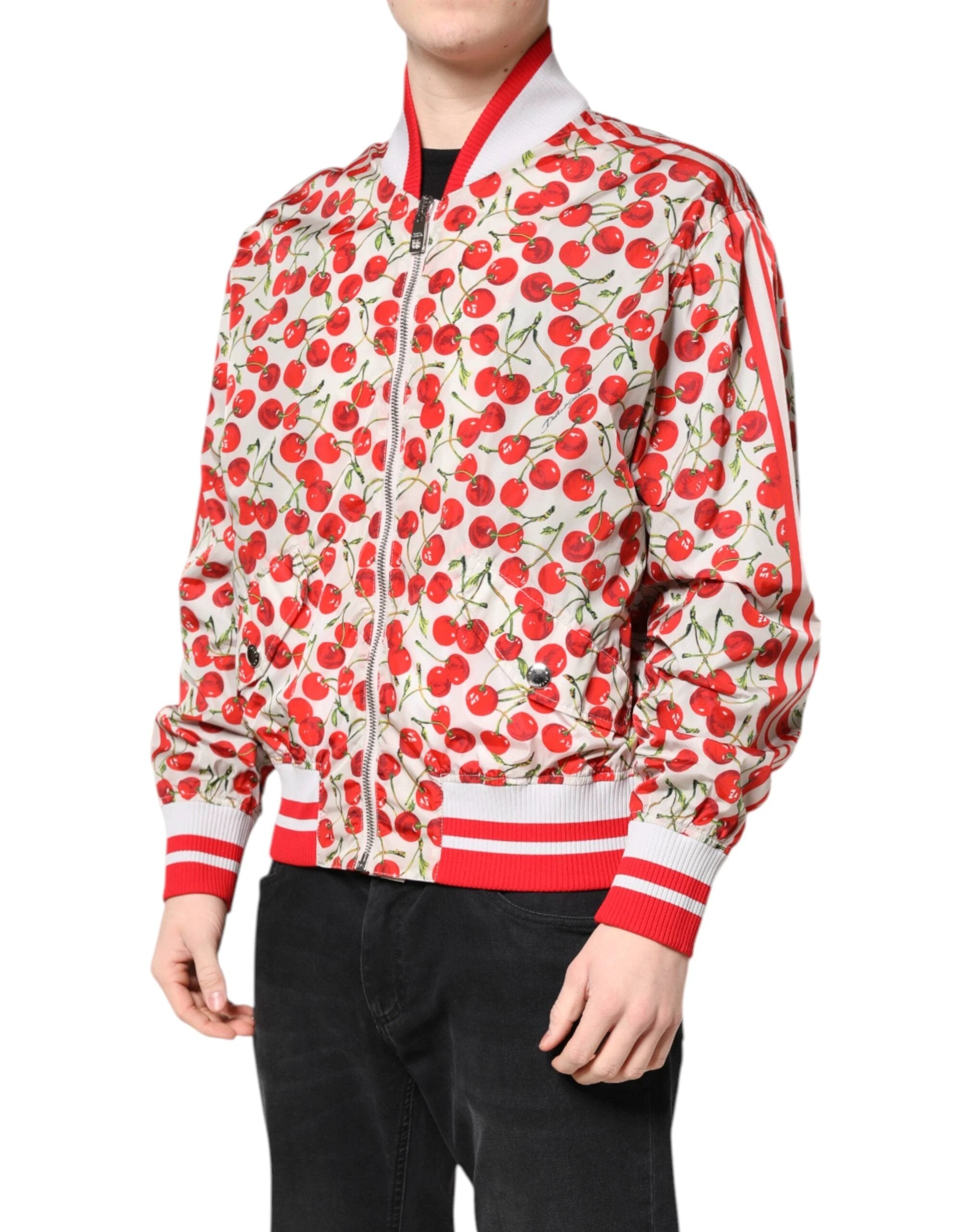 Dolce & Gabbana White Cherry Print Full Zip Bomber Jacket by Dolce & Gabbana