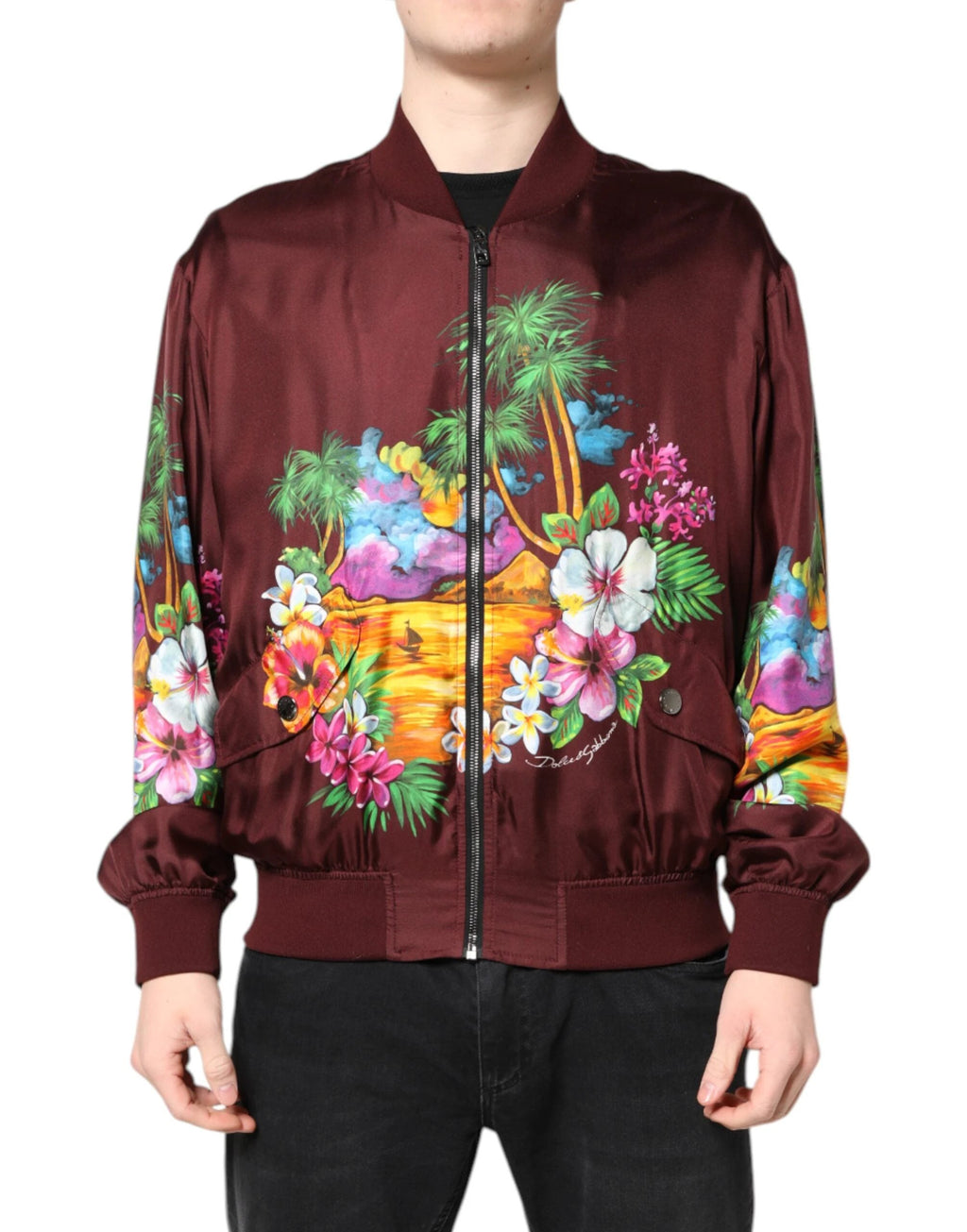 Dolce & Gabbana Maroon Floral Print Full Zip Bomber Jacket by Dolce & Gabbana