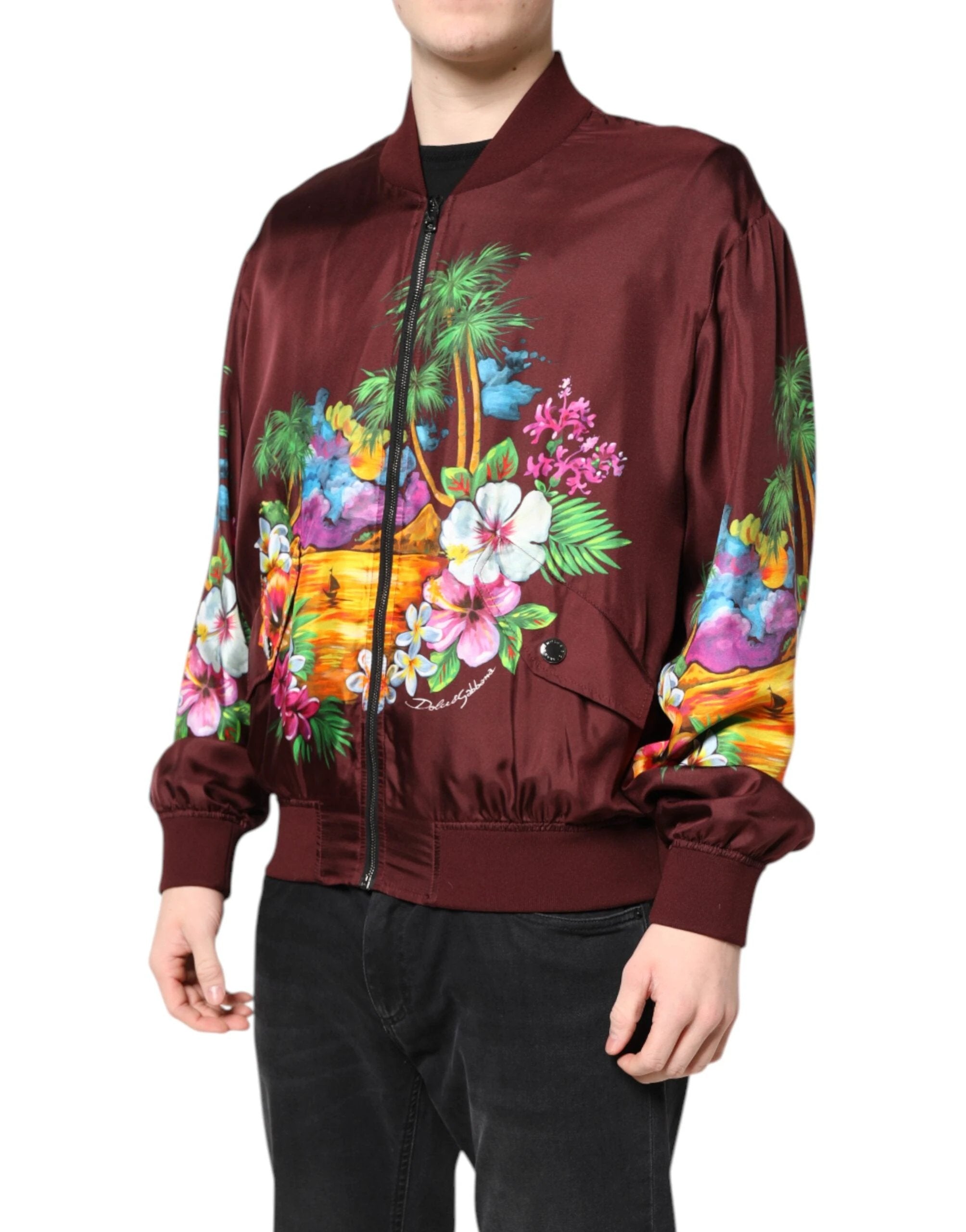 Dolce & Gabbana Maroon Floral Print Full Zip Bomber Jacket by Dolce & Gabbana