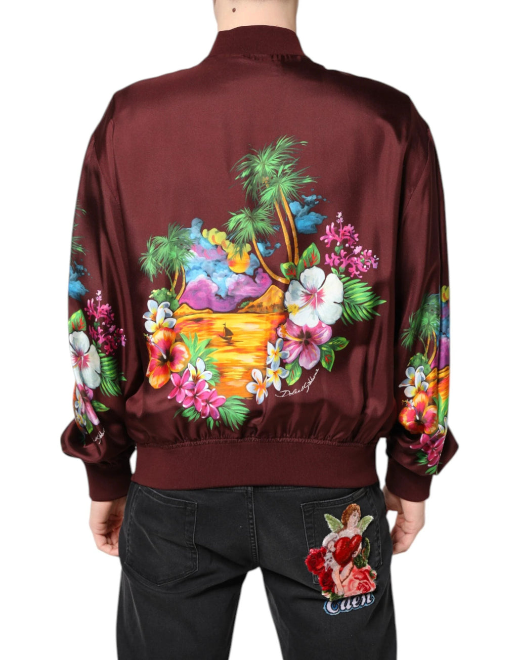 Dolce & Gabbana Maroon Floral Print Full Zip Bomber Jacket by Dolce & Gabbana