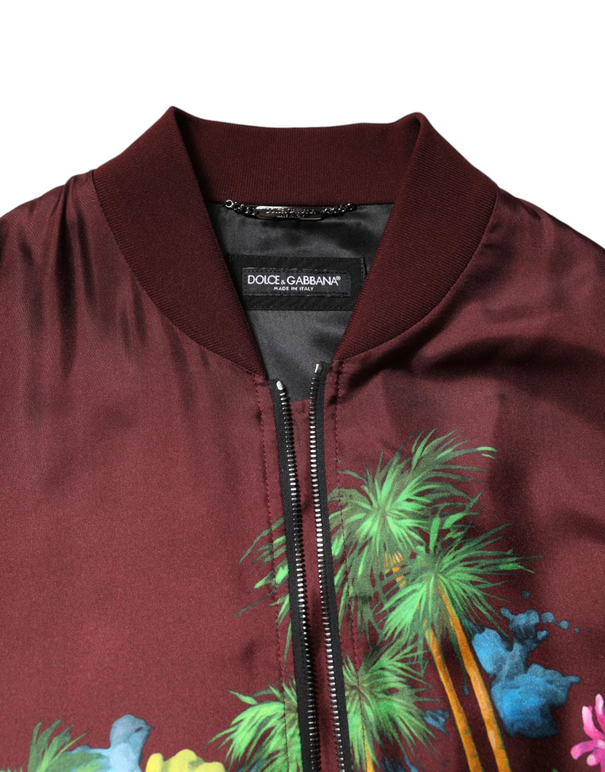 Dolce & Gabbana Maroon Floral Print Full Zip Bomber Jacket by Dolce & Gabbana