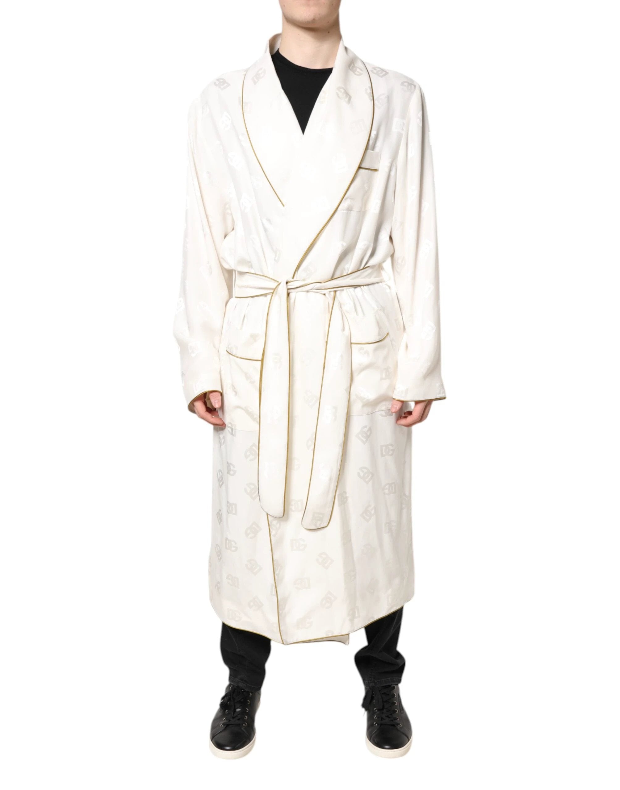 Dolce & Gabbana Ivory Silk Logo Men Wrap Robe Coat Jacket by Dolce & Gabbana