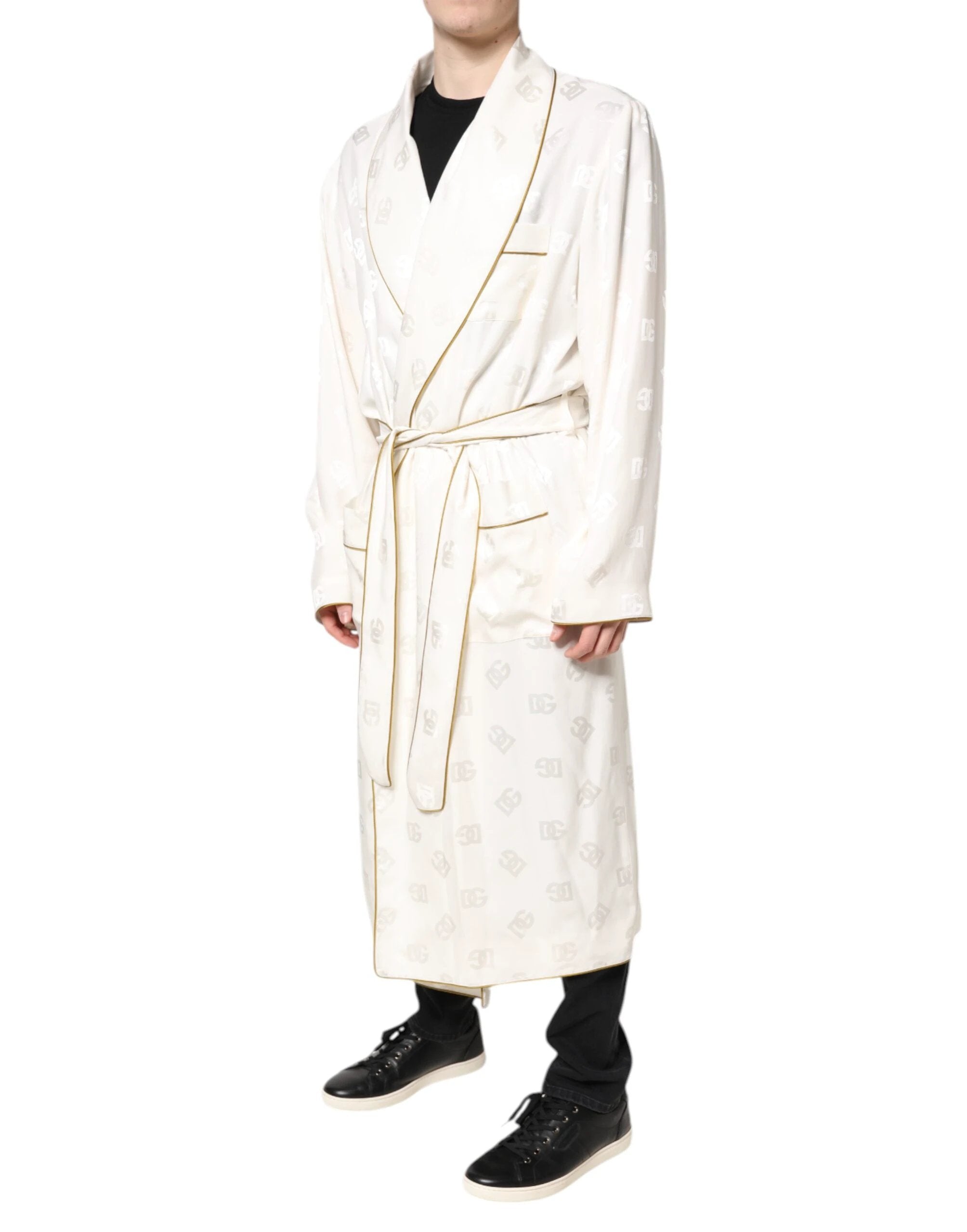 Dolce & Gabbana Ivory Silk Logo Men Wrap Robe Coat Jacket by Dolce & Gabbana