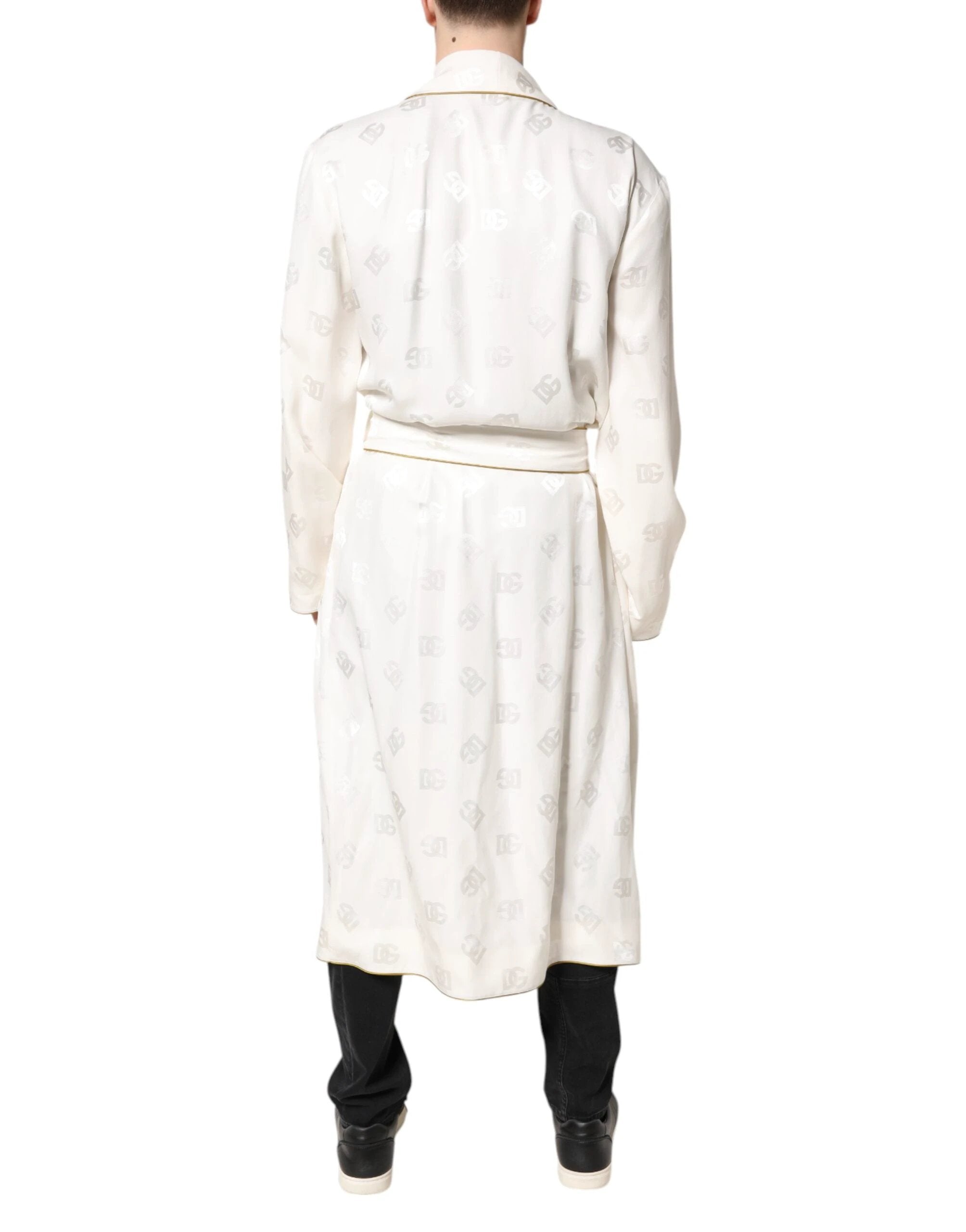 Dolce & Gabbana Ivory Silk Logo Men Wrap Robe Coat Jacket by Dolce & Gabbana