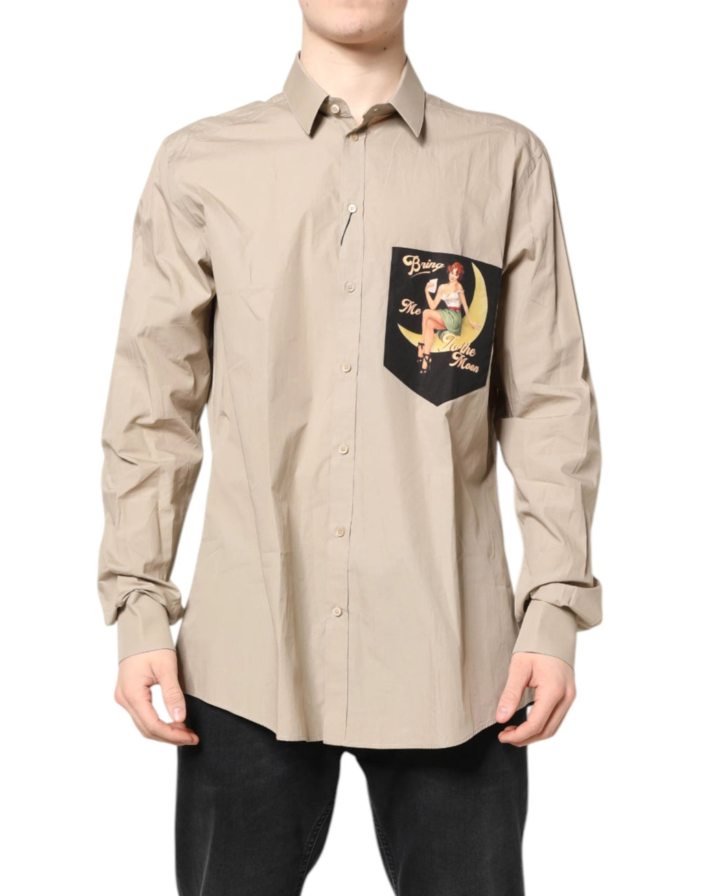 Dolce & Gabbana Beige Pin Up Print MARTINI Men Casual Shirt by Dolce & Gabbana
