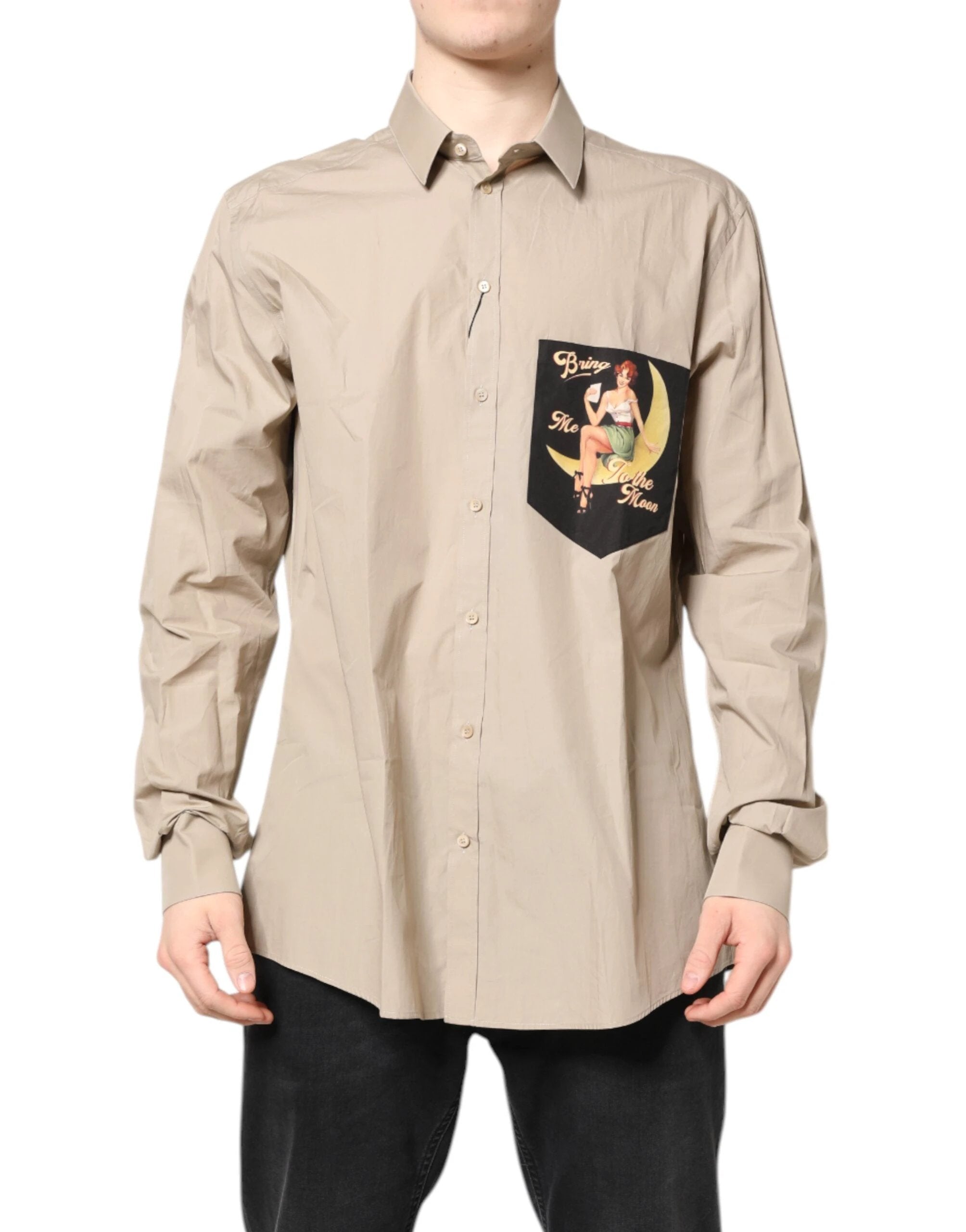 Dolce & Gabbana Beige Pin Up Print MARTINI Men Casual Shirt by Dolce & Gabbana