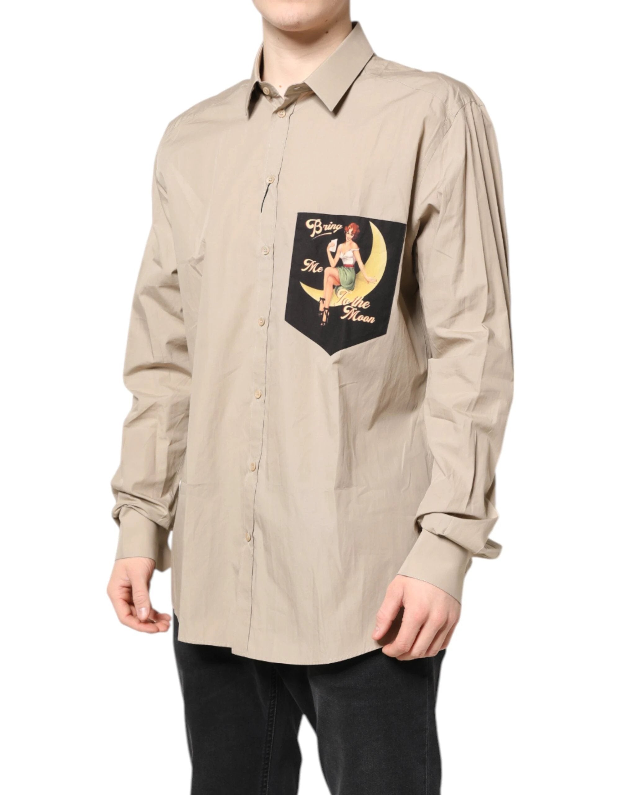 Dolce & Gabbana Beige Pin Up Print MARTINI Men Casual Shirt by Dolce & Gabbana