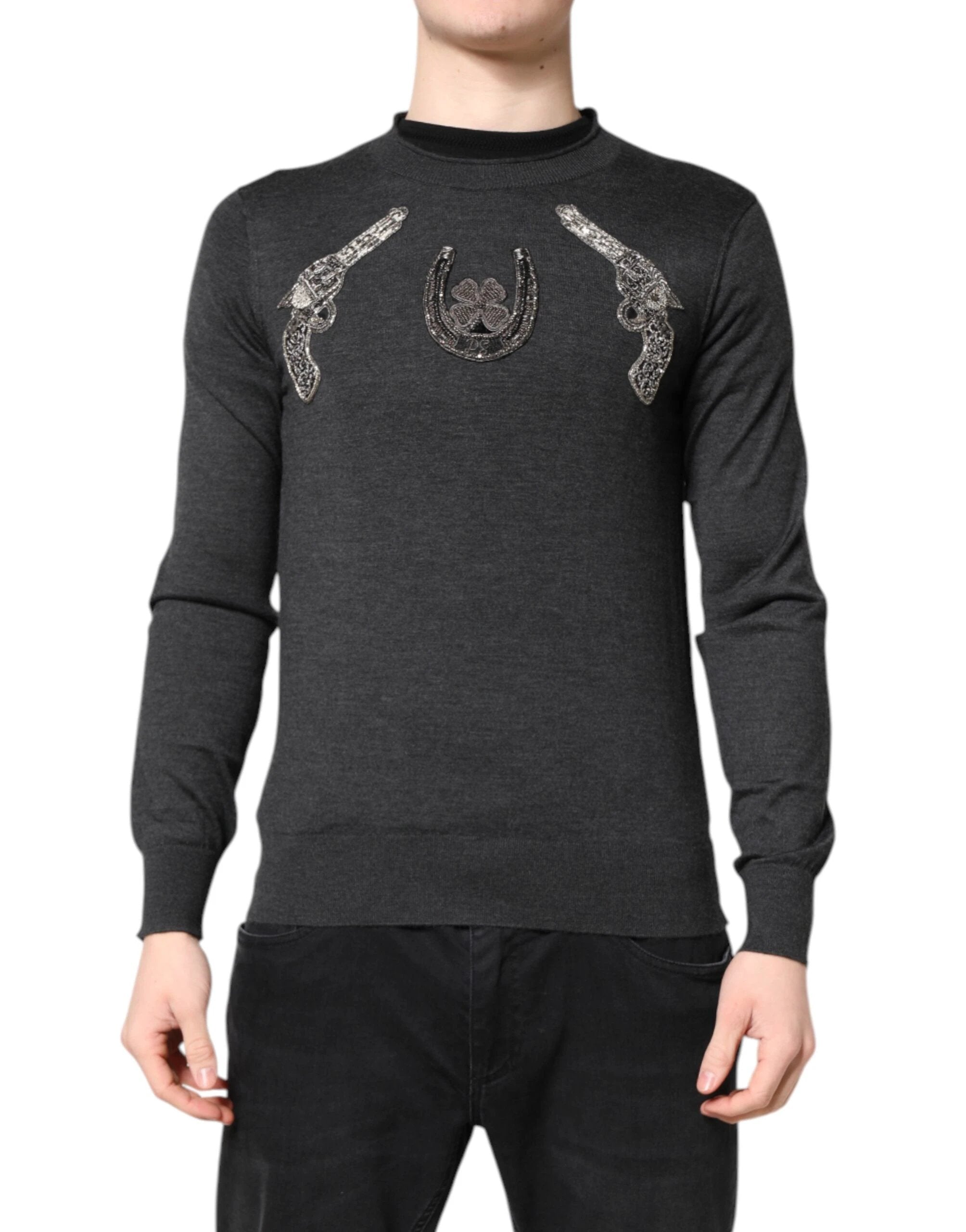 Dolce & Gabbana Gray Embroidery Knit Men Pullover Sweater by Dolce & Gabbana